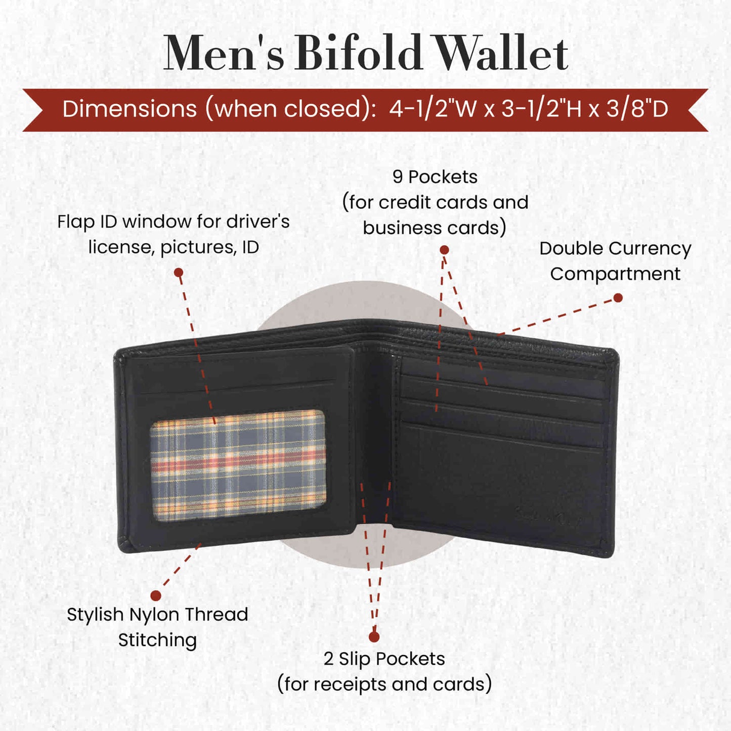 Style n Craft 200166 bifold wallet with side flap in black color full grain leather - open view showing the details