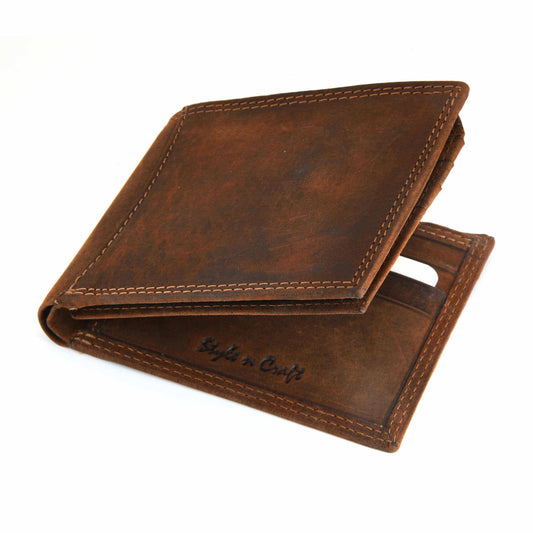 Style n Craft 300796-BR Bi-Fold PassCase Wallet with Flap in Full Grain Vintage Look Leather - brown color - closed angled view front