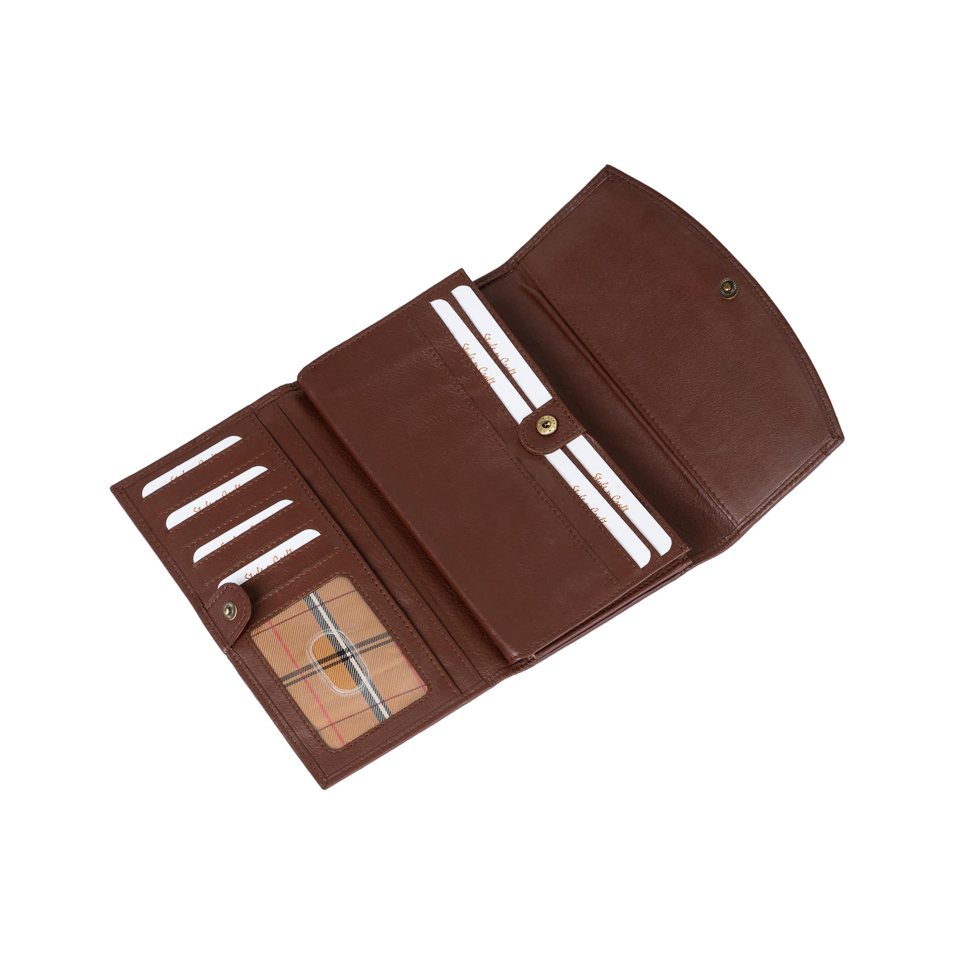 Style n Craft 391105 Double Fold Ladies Long Clutch Wallet in High Grade Brown Full Grain Leather - 2nd Open View Showing the Credit Card Pockets, ID Window, Inside Long Pockets