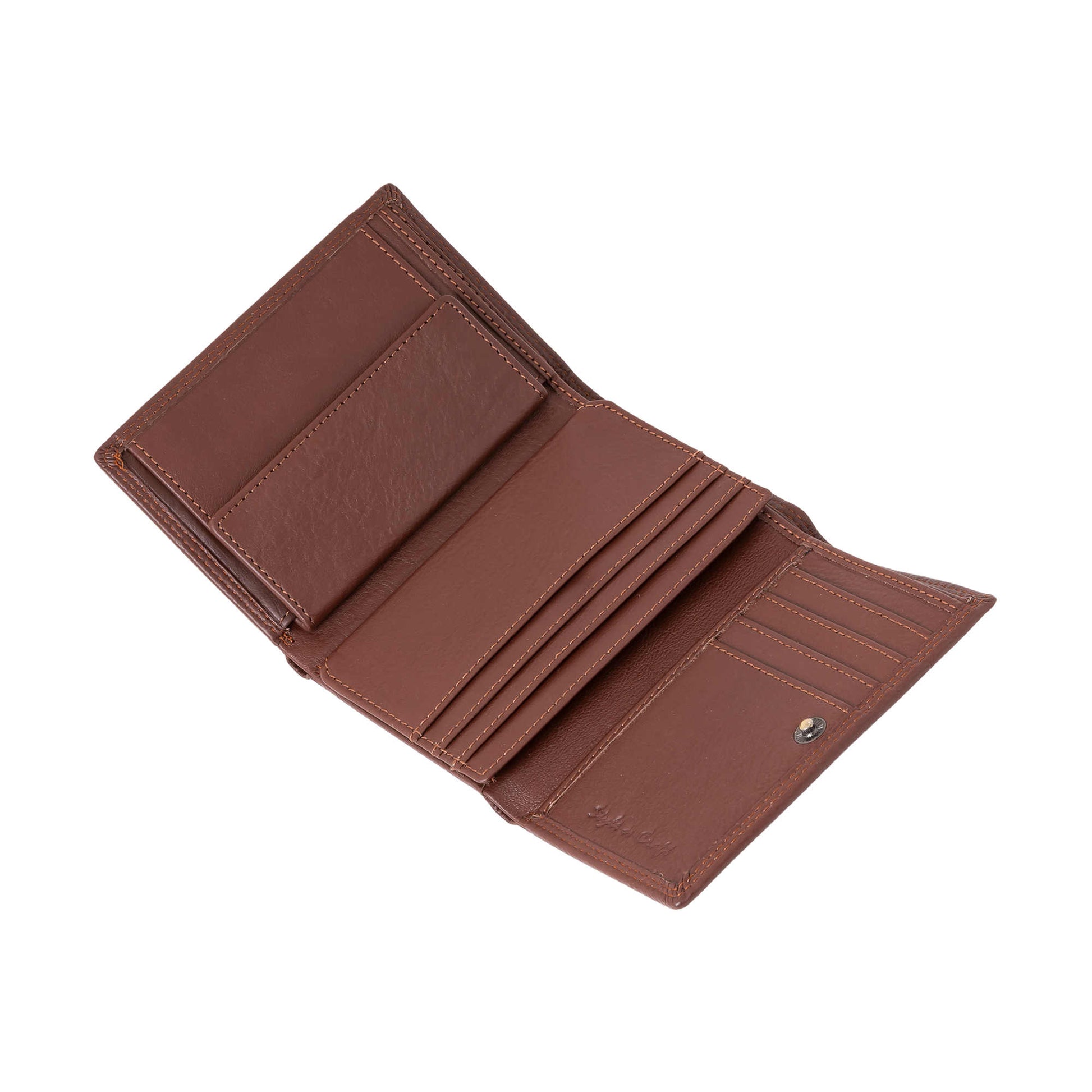 Style n Craft 391109 Ladies Trifold Brown Leather Wallet with Snap Button Closure - Open View 1 - Showing the Credit Card Pockets, Coin Pocket and the Snap Button