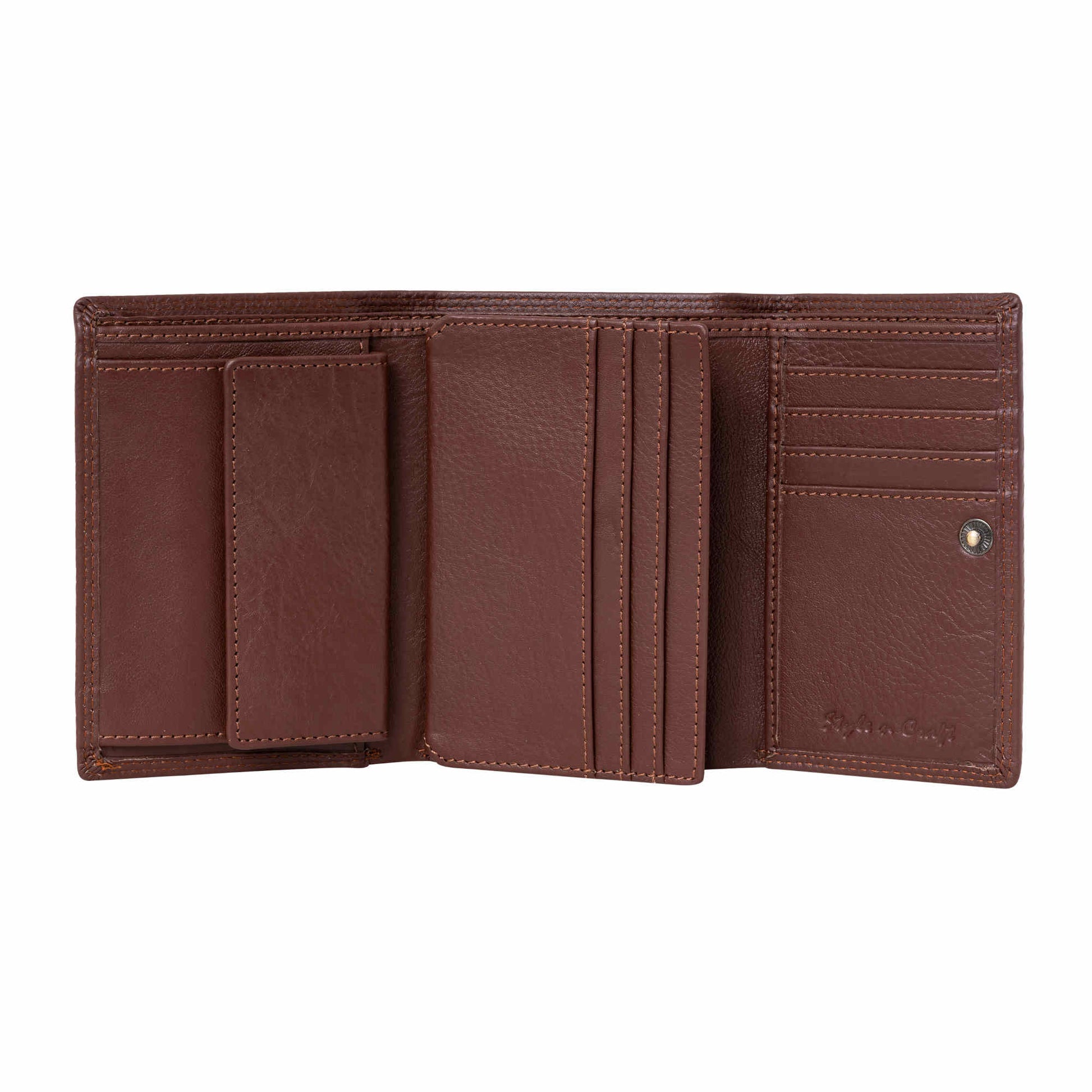Style n Craft 391109 Ladies Trifold Brown Leather Wallet with Snap Button Closure - Straight Open View 1 - Showing the Credit Card Pockets, Coin Pocket and the Snap Button