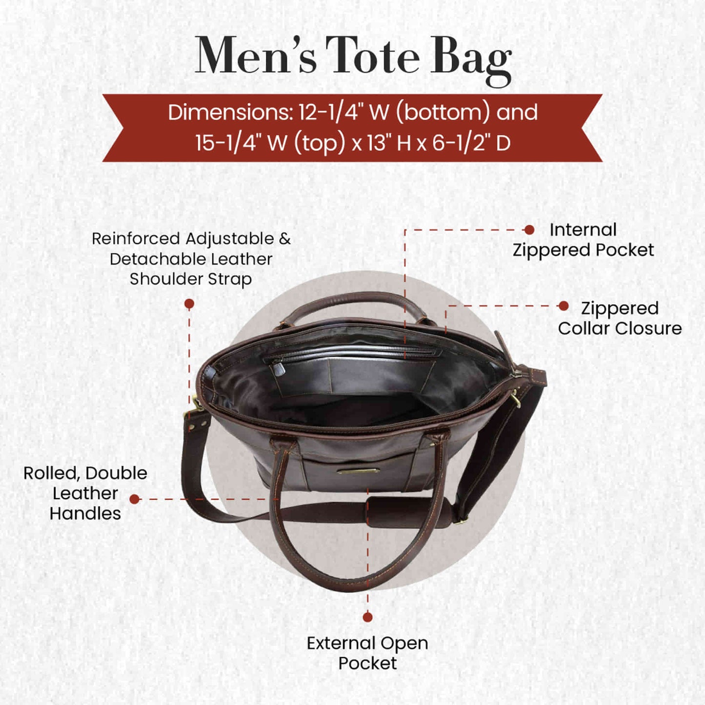 Style n Craft 392003 Men's Tote Bag in Full Grain Dark Brown Leather - Inside Back Wall Pockets - Top View Showing the Details