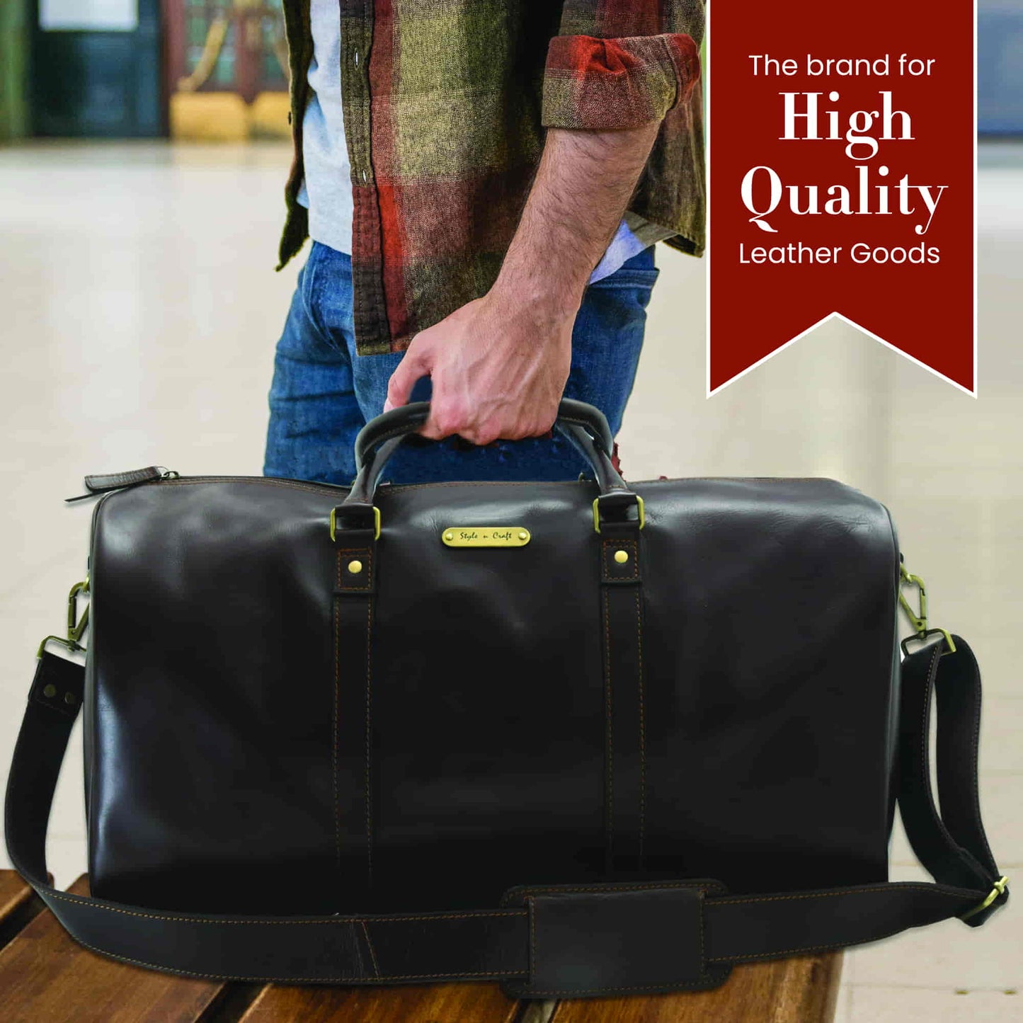Style n Craft 392101 Duffle Bag in Full Grain Dark Brown Leather - Front View - Bag in Use