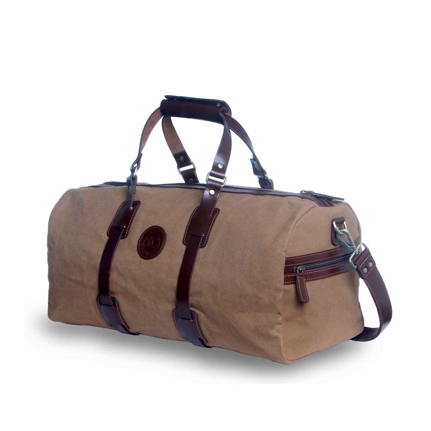 Style n Craft 397101 Duffle Bag in Waterproof Brown Canvas & Full Grain Leather - Front Angled View Showing the Side Zipper Pocket