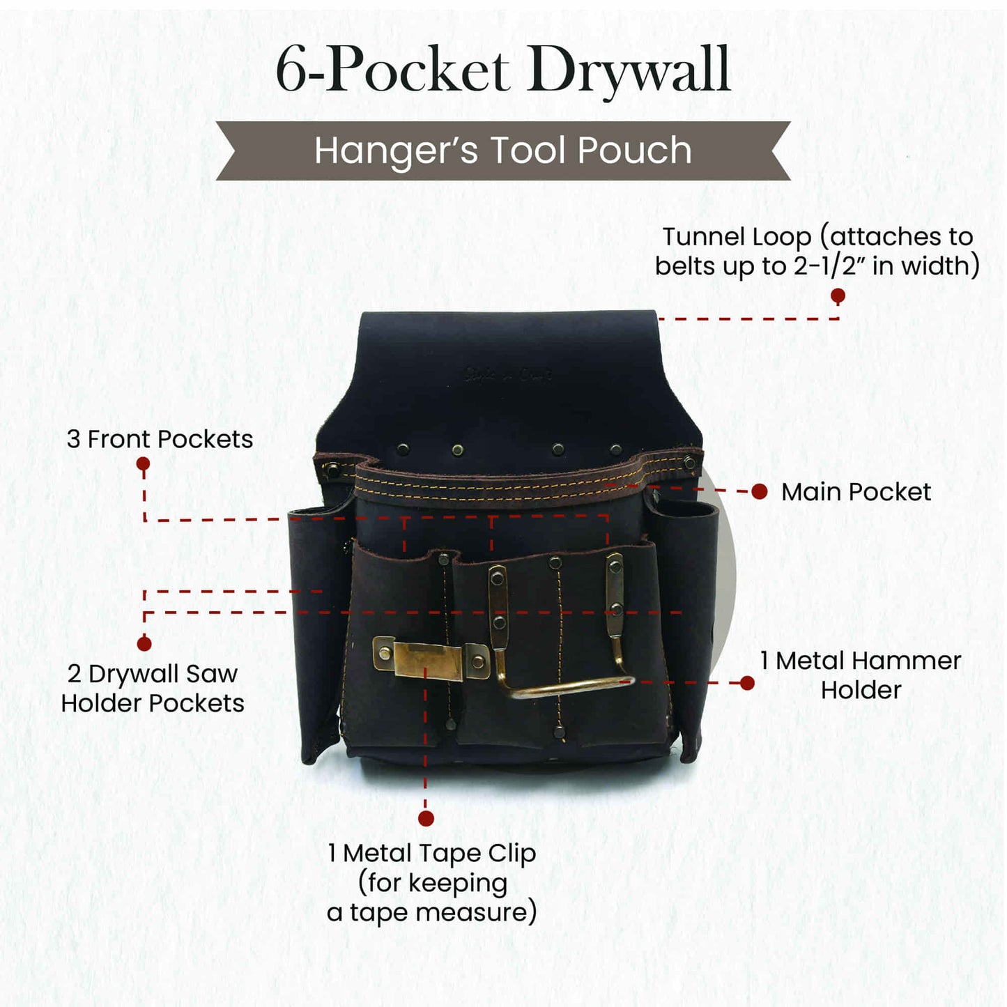 Style n Craft 70685 - 6 Pocket Drywall Hanger's Tool Pouch in Top Grain Oiled Leather with a Drywall Saw Holder on Each Side for Both Left & Right Handed Users - Front View Showing the Details