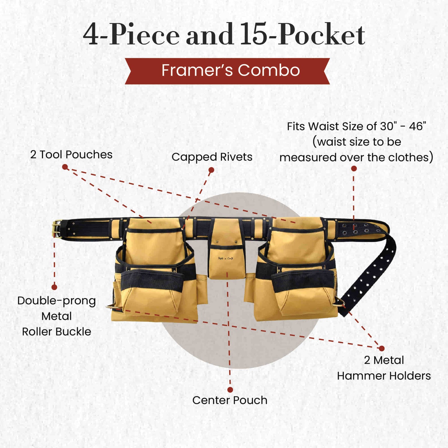 Style n Craft 76422 - 4 Piece 15 Pocket Pro Framer’s Combo Apron in Polyester in Khaki & Black Combination - Front View Showing the Details