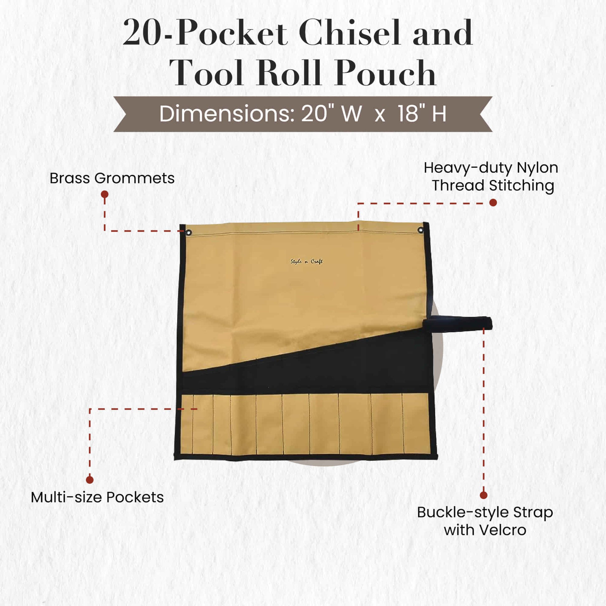 Style n Craft - 76508 20 Pocket Chisel and Tool Roll Pouch in Polyester - Front Open View Showing the Details