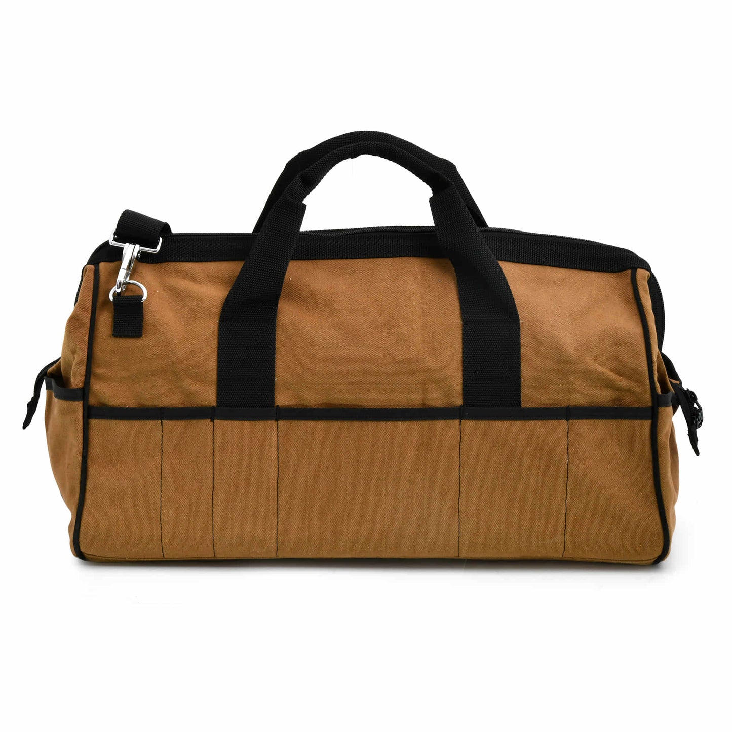 Style n Craft 97012 - 25 Pocket 20 Inch Wide Mouth Tool Bag in Brown Waterproof Canvas with Black Binding - Back View Showing the External Pockets