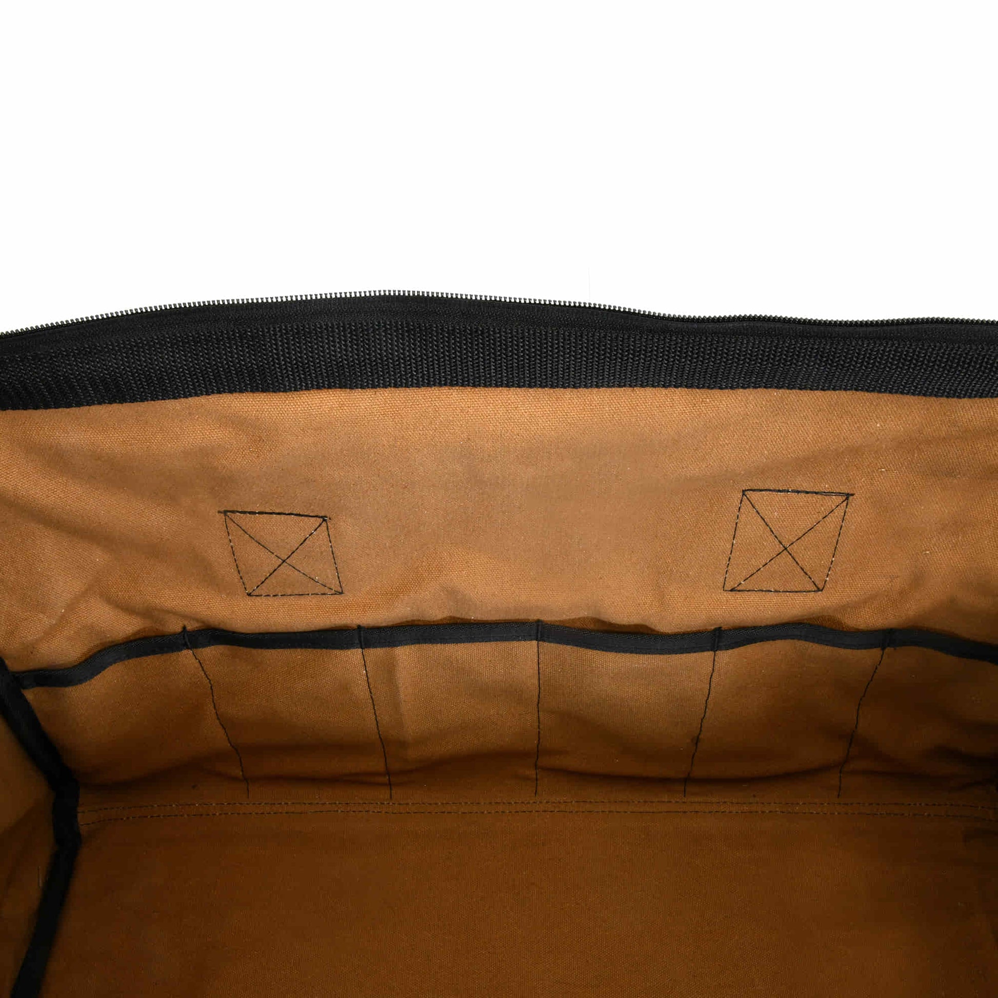 Style n Craft 97012 - 25 Pocket 20 Inch Wide Mouth Tool Bag in Brown Waterproof Canvas with Black Binding - Internal View Showing the Internal Pockets
