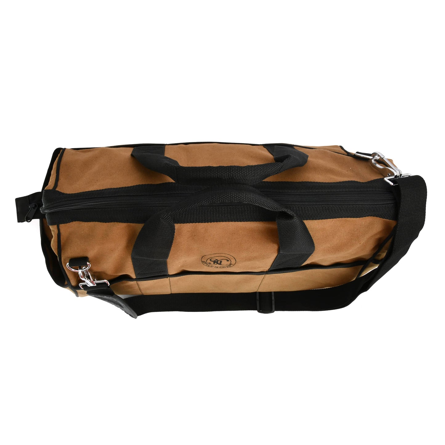Style n Craft 97012 - 25 Pocket 20 Inch Wide Mouth Tool Bag in Brown Waterproof Canvas with Black Binding - External Top View of the Tool Bag