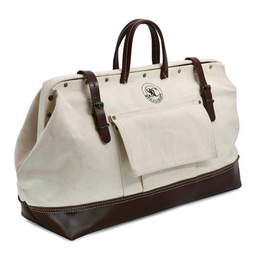 Style n Craft 97517 - 20 Inch Mason's Tool Bag in White Canvas and Dark Tan Full Grain Leather Combination - Front - Angled Closed View Showing the Handles, Leather Closure Straps & the Outside Front Pocket