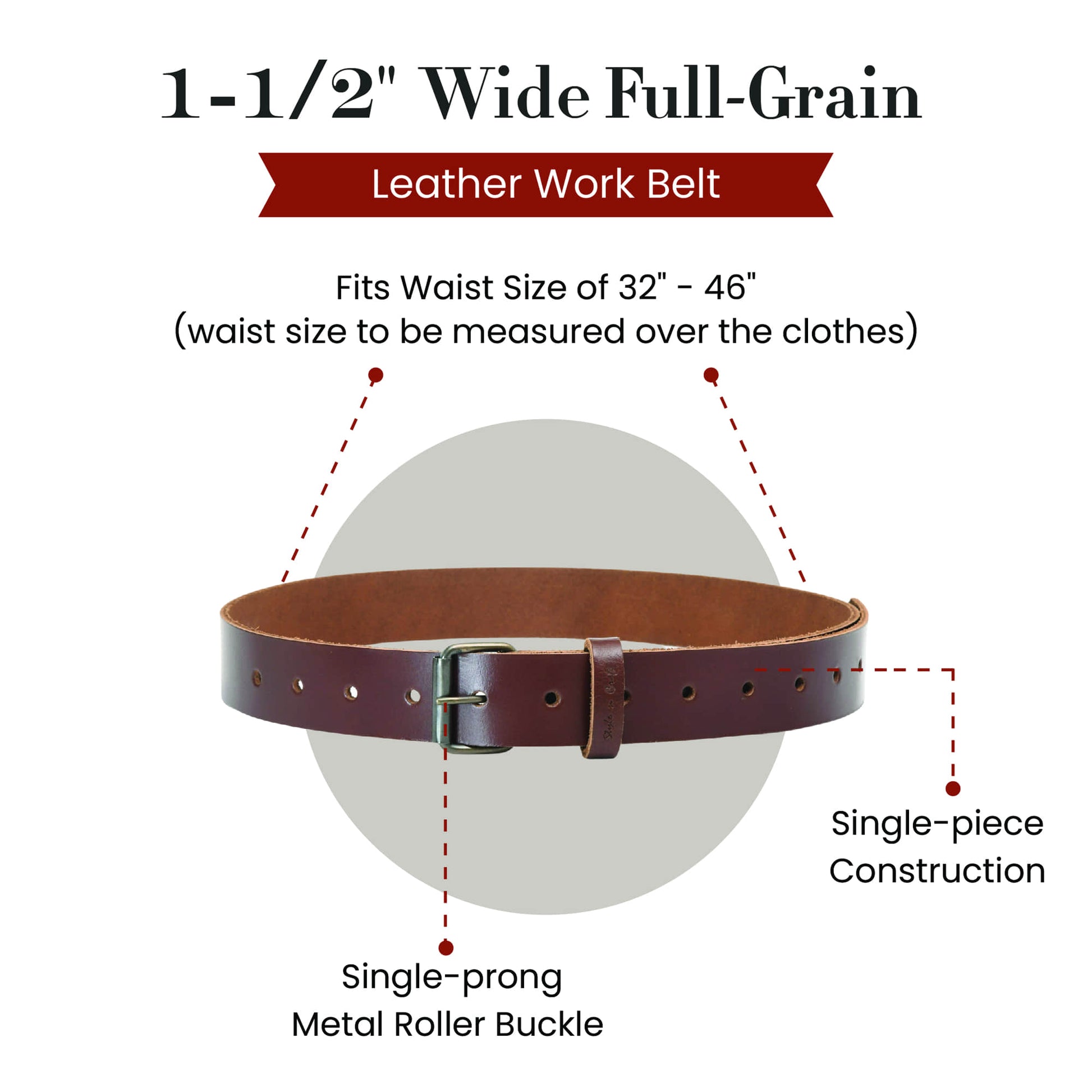 Style n Craft 98051 - One and a Half Inch Wide Work Belt in Dark Tan Heavy Full Grain Leather with Metal Roller Buckle in Antique Finish - Front View Showing the Details