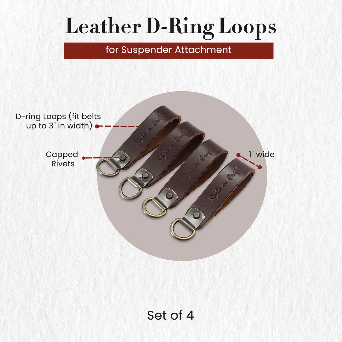 Style n Craft 98200 - Leather D-Ring Loop Set (4 Pcs) for Suspender Attachment in Dark Tan Color - Front Angled View Showing the Details.