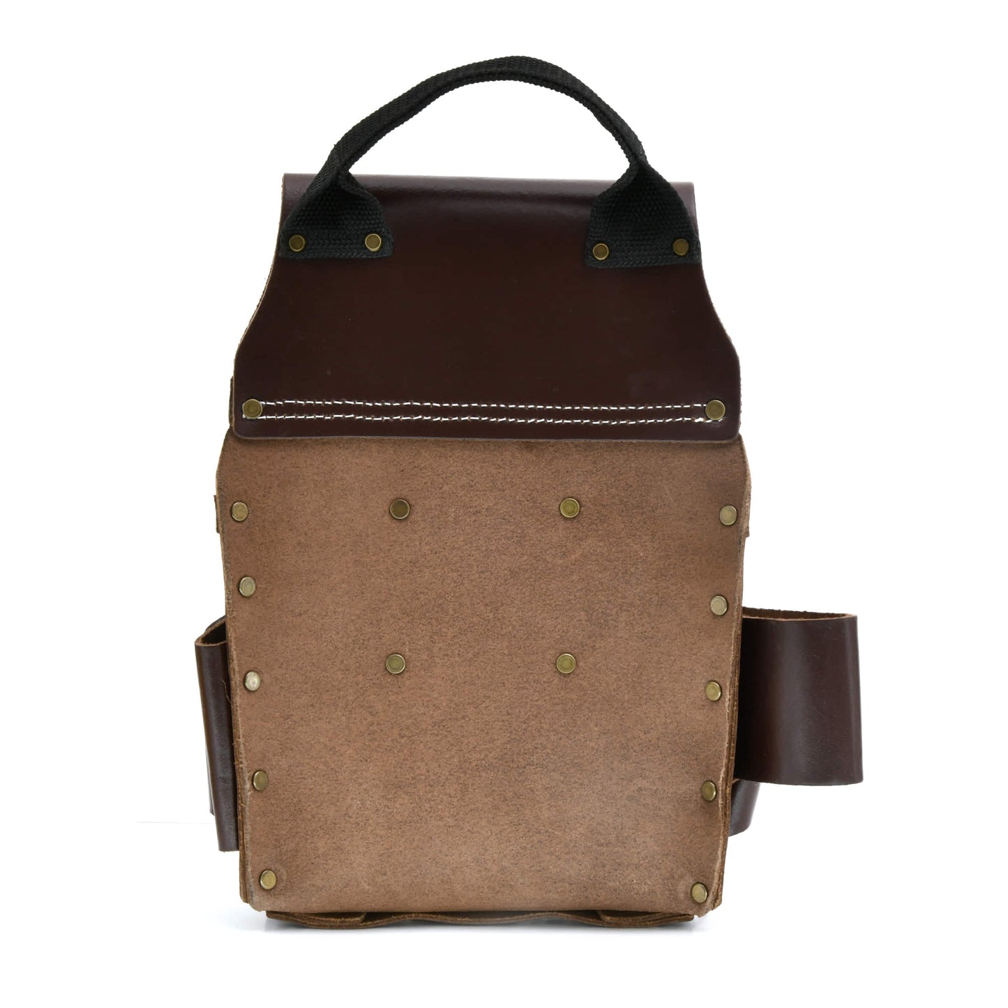 Style n Craft 98465 - 10 Pocket Electrician's Tool Pouch in Dark Tan Full Grain Leather with Easy Carry Handle, Metal Tape Clip, Metal Snap & Metal Tape Chain - Back View