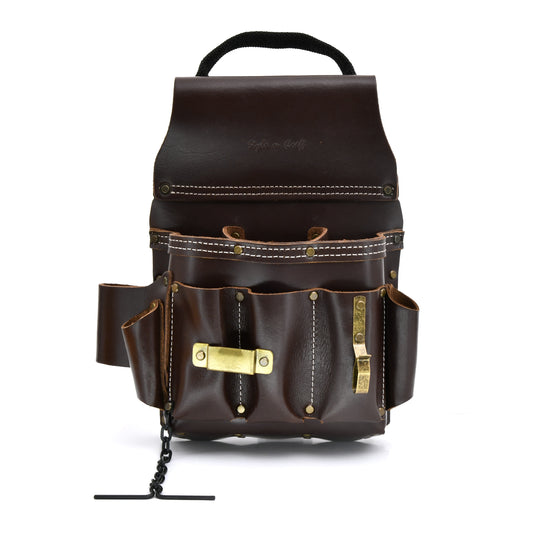 Style n Craft 98465 - 10 Pocket Electrician's Tool Pouch in Dark Tan Full Grain Leather with Easy Carry Handle, Metal Tape Clip, Metal Snap & Metal Tape Chain - Front View