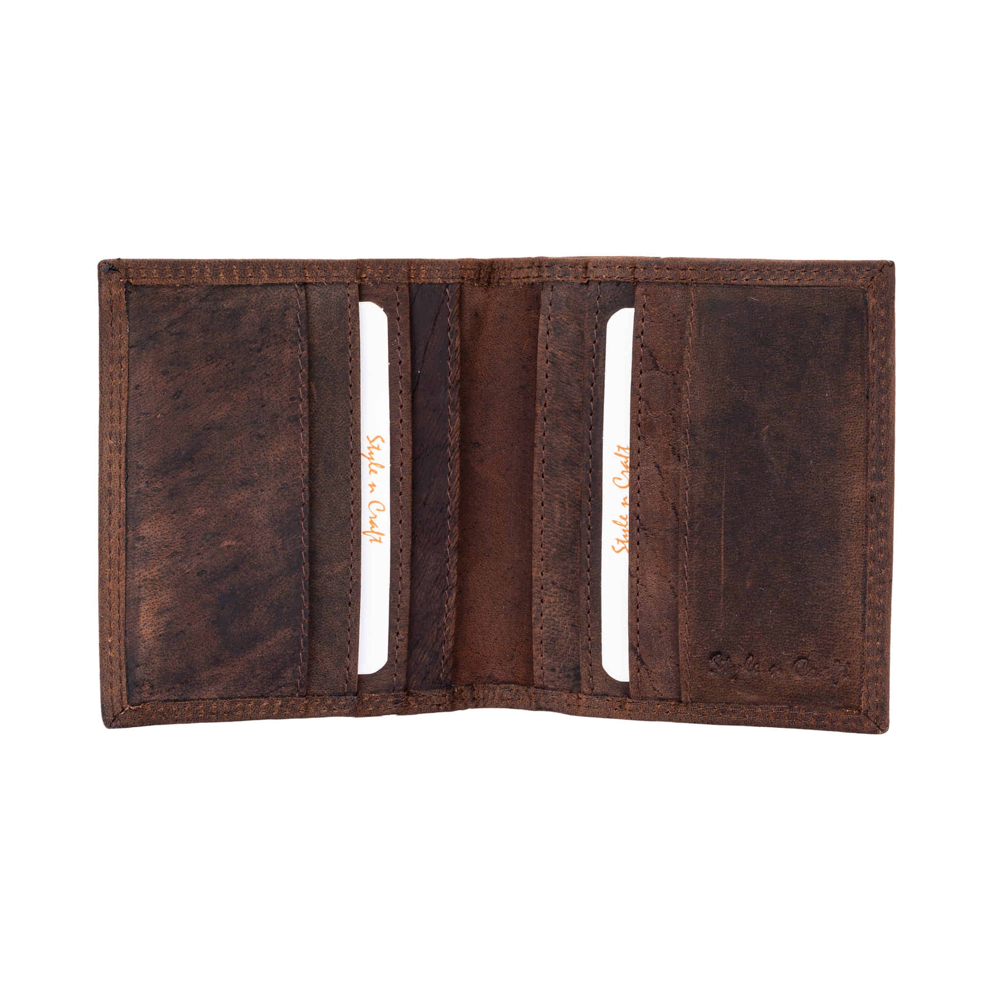 Style n Craft 300703-BR Credit Card / Business Card Case in Brown Leather with Vintage like 2 Tone Effect & Double Stitching on the outside. It has RFID Protection. Open View Showing the Interior Pockets