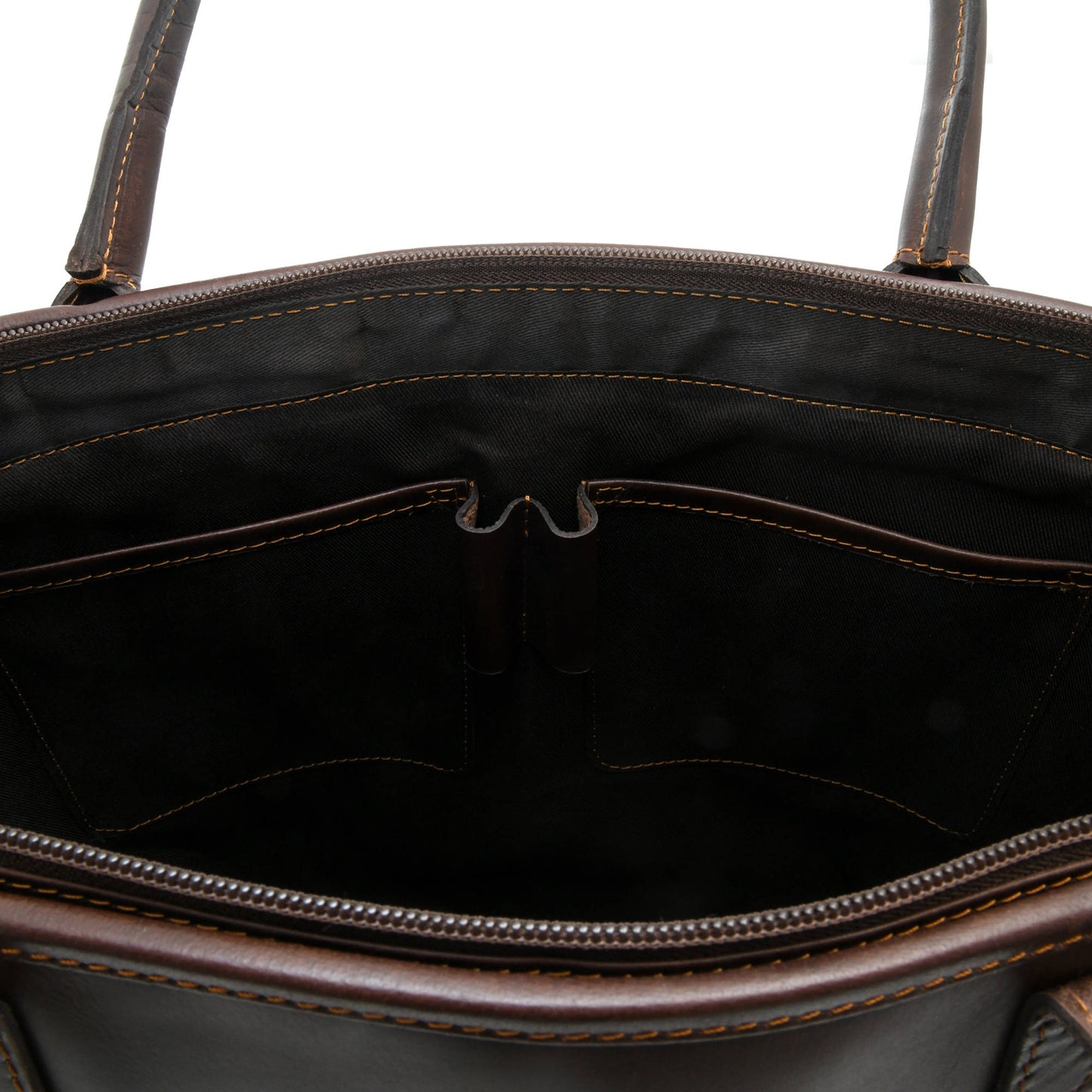Style n Craft 392003 Men's Tote Bag in Full Grain Dark Brown Leather - Inside Front Wall Pockets - Closeup View