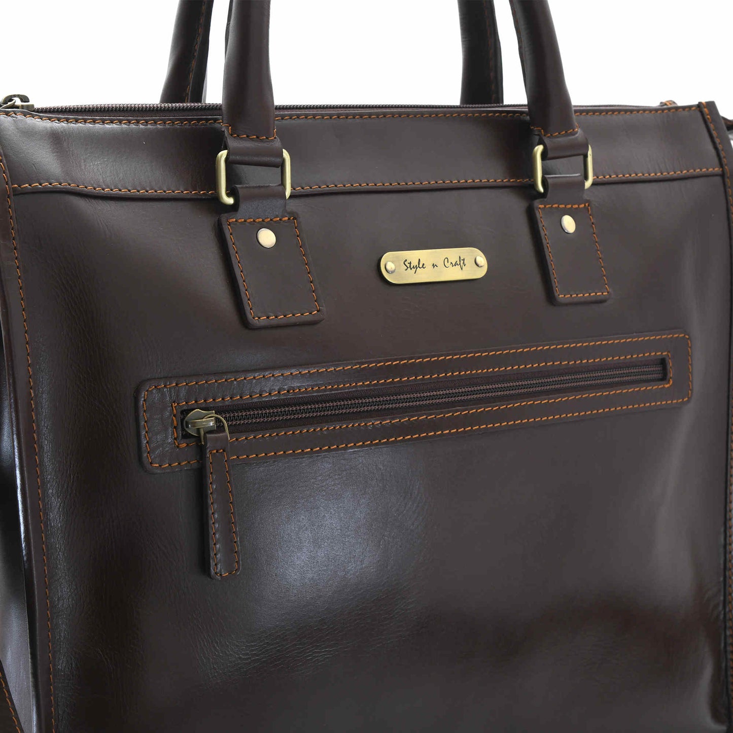 Style n Craft 392008 Men's Portfolio Briefcase Bag in Full Grain Dark Brown Leather - Front Profile View showing the Zippered Pocket & the Logo