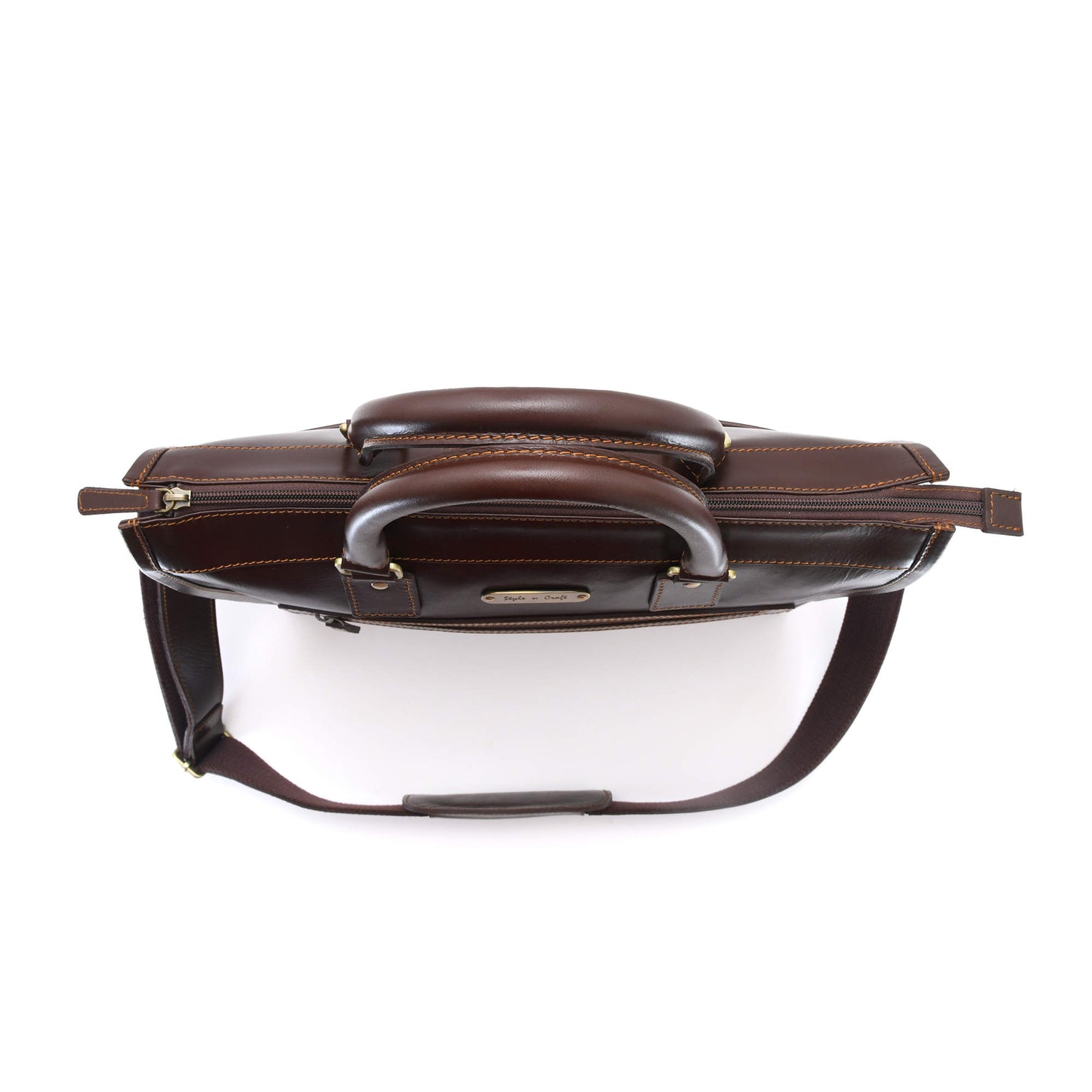 Style n Craft 392008 Men's Portfolio Briefcase Bag in Full Grain Dark Brown Leather - Top Horizontal View showing the Main Zipper Closure of the Bag from the Top