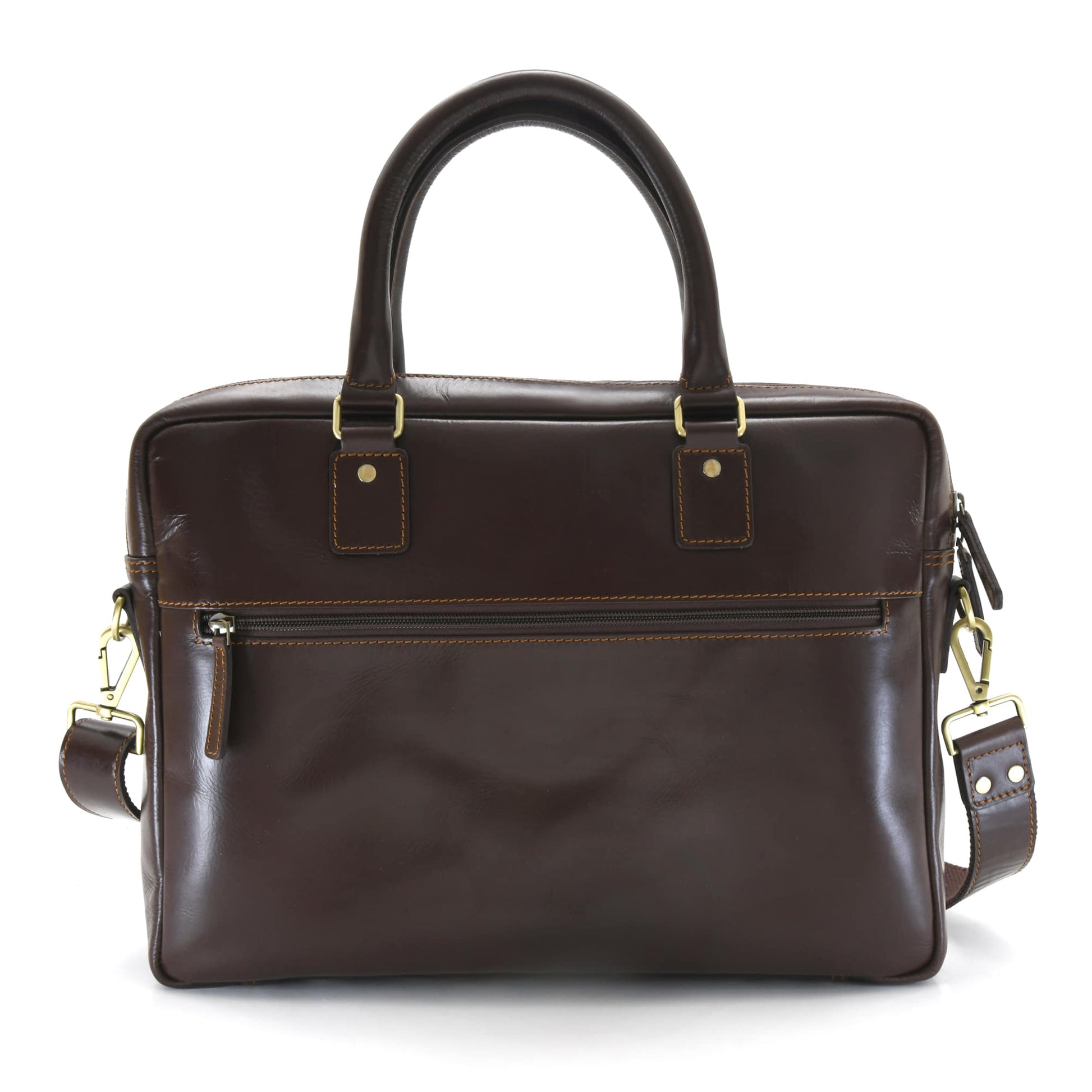 Style n Craft 392009 Men's Portfolio Briefcase Bag in Full Grain Dark Brown Leather - Back View showing the External Zippered Pocket