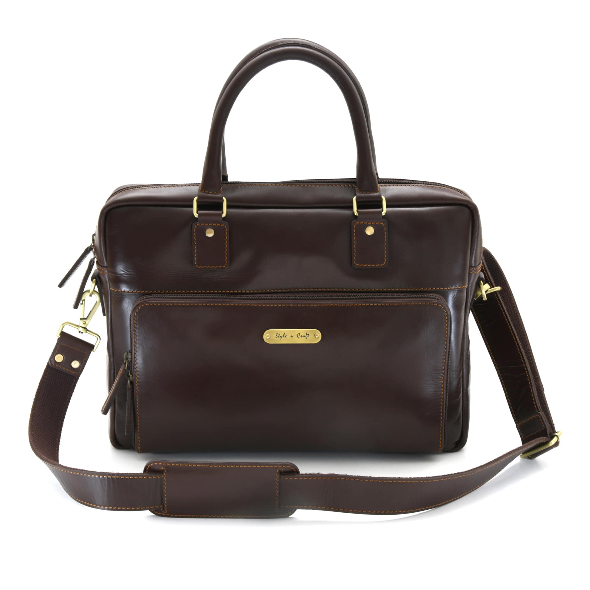 Style n Craft 392009 Men's Portfolio Briefcase Bag in Full Grain Dark Brown Leather - Front View showing the Overall Bag & the External Zippered Pocket