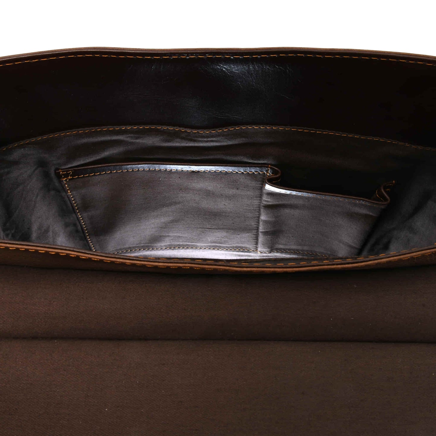 Style n Craft 392153 Backpack in Light & Dark Brown Combination Full Grain Leather - Interior view of the front wall of the bag showing the 2 open pockets for cell phone and a small notebook