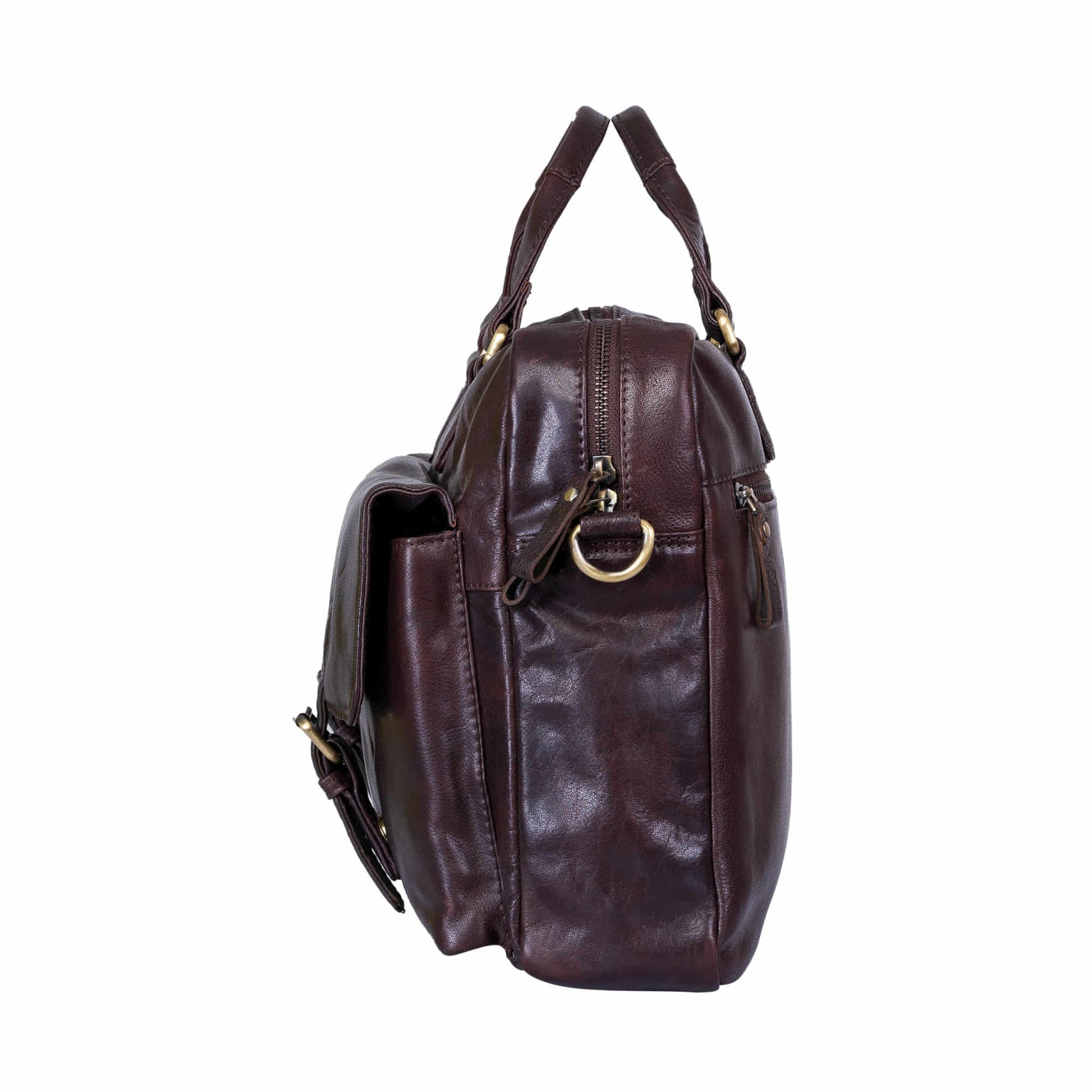 Style n Craft 392500 Cross Body Messenger Bag in Full Grain Dark Brown Vintage Leather - Side view of the messenger bag