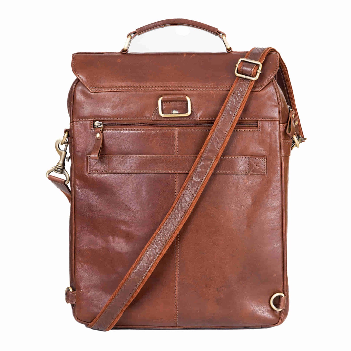 Style n Craft 392600 Cross Body Messenger Bag & Backpack in Full Grain Dark Brown Vintage Leather - Back View showing the back zipper pocket and the  attachment of the detachable leather shoulder strap to use the bag as a cross body messenger bag or shoulder  messenger bagbag