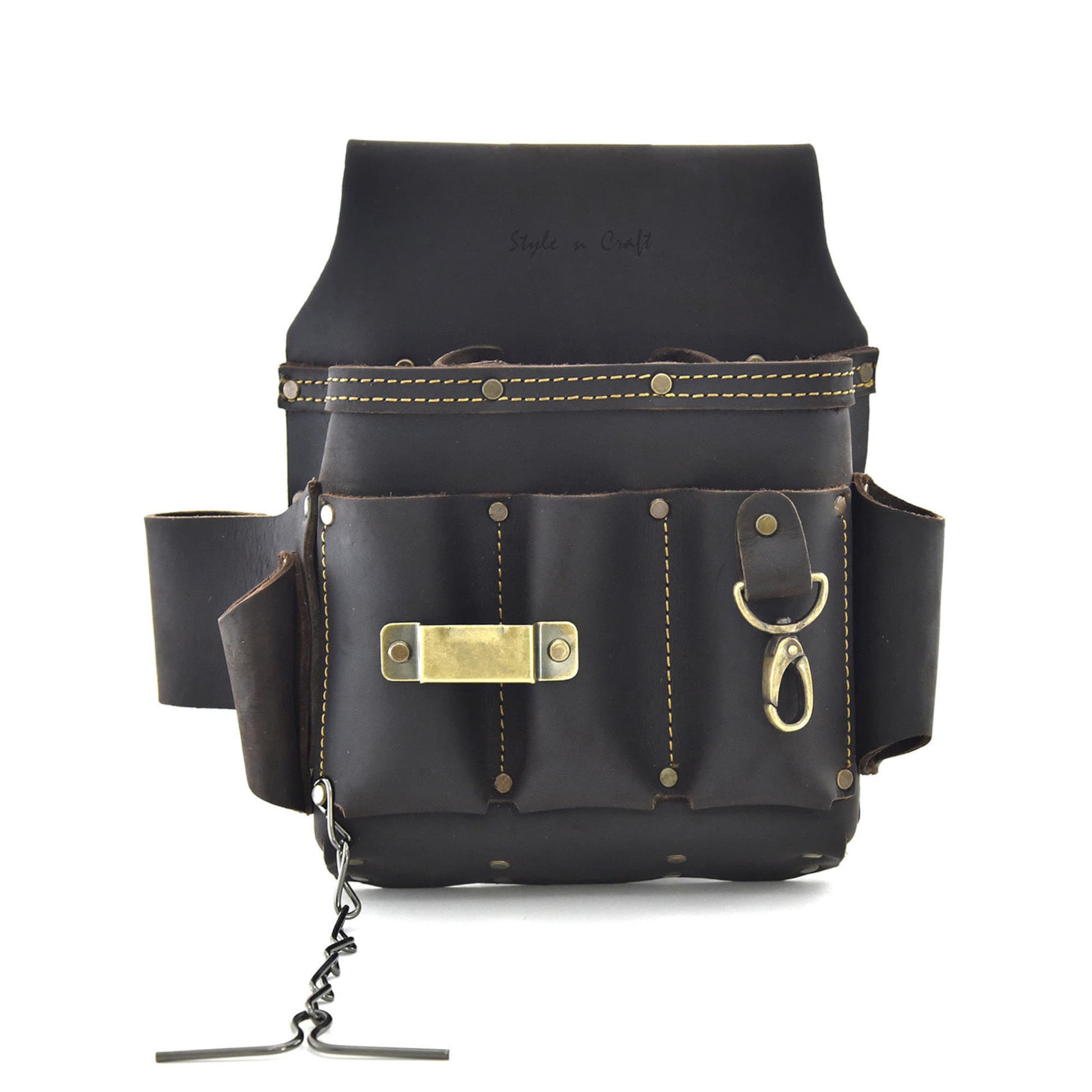 Style n Craft's 70603 - 10 Pocket Electrician's Tool Pouch in Full Grain Oiled Leather with Metal Tape Clip, Metal Snap & Metal Tape Chain - Front View