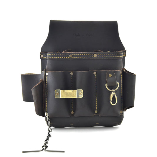 Style n Craft's 70603 - 10 Pocket Electrician's Tool Pouch in Full Grain Oiled Leather with Metal Tape Clip, Metal Snap & Metal Tape Chain - Front View