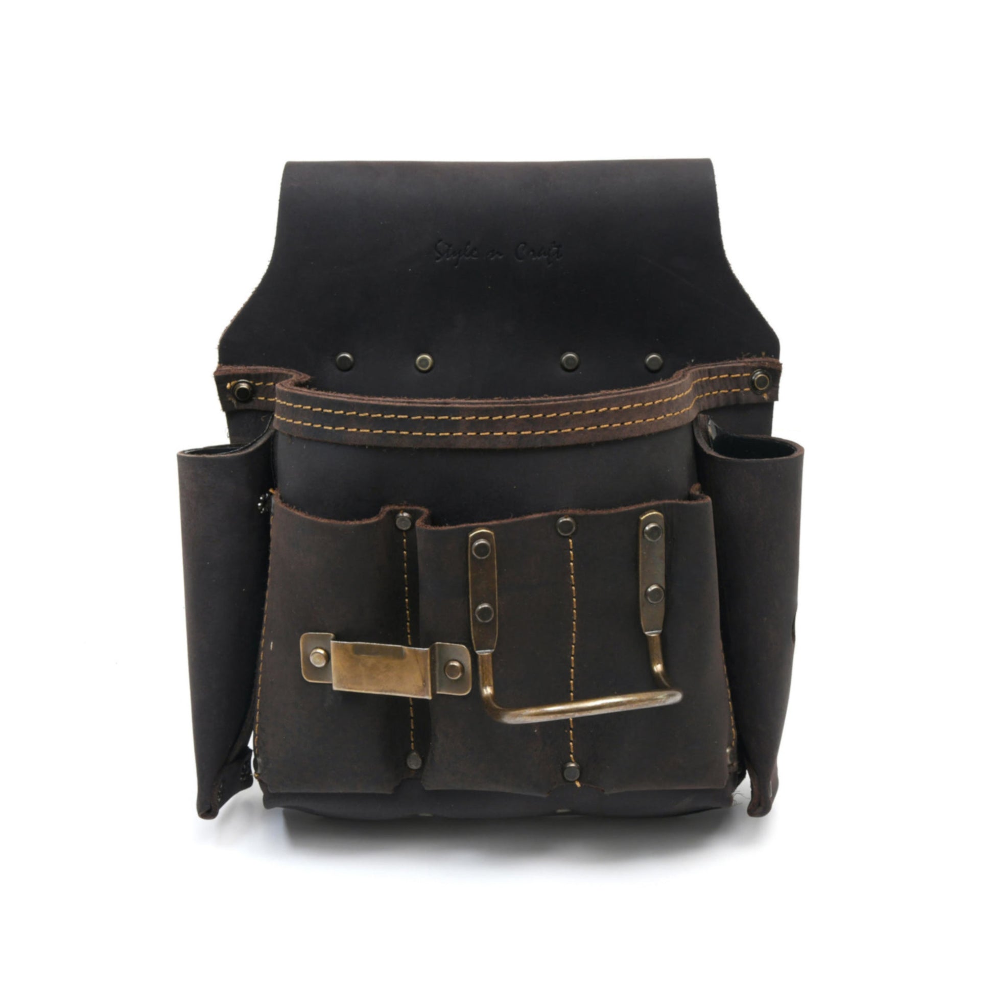 Style n Craft 70685 - 6 Pocket Drywall Hanger's Tool Pouch in Top Grain Oiled Leather with a Drywall Saw Holder on Each Side for Both Left & Right Handed Users - Front View