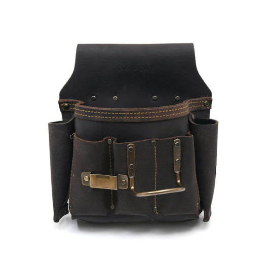 Style n Craft 70685 - 6 Pocket Drywall Hanger's Tool Pouch in Top Grain Oiled Leather with a Drywall Saw Holder on Each Side for Both Left & Right Handed Users - Front View