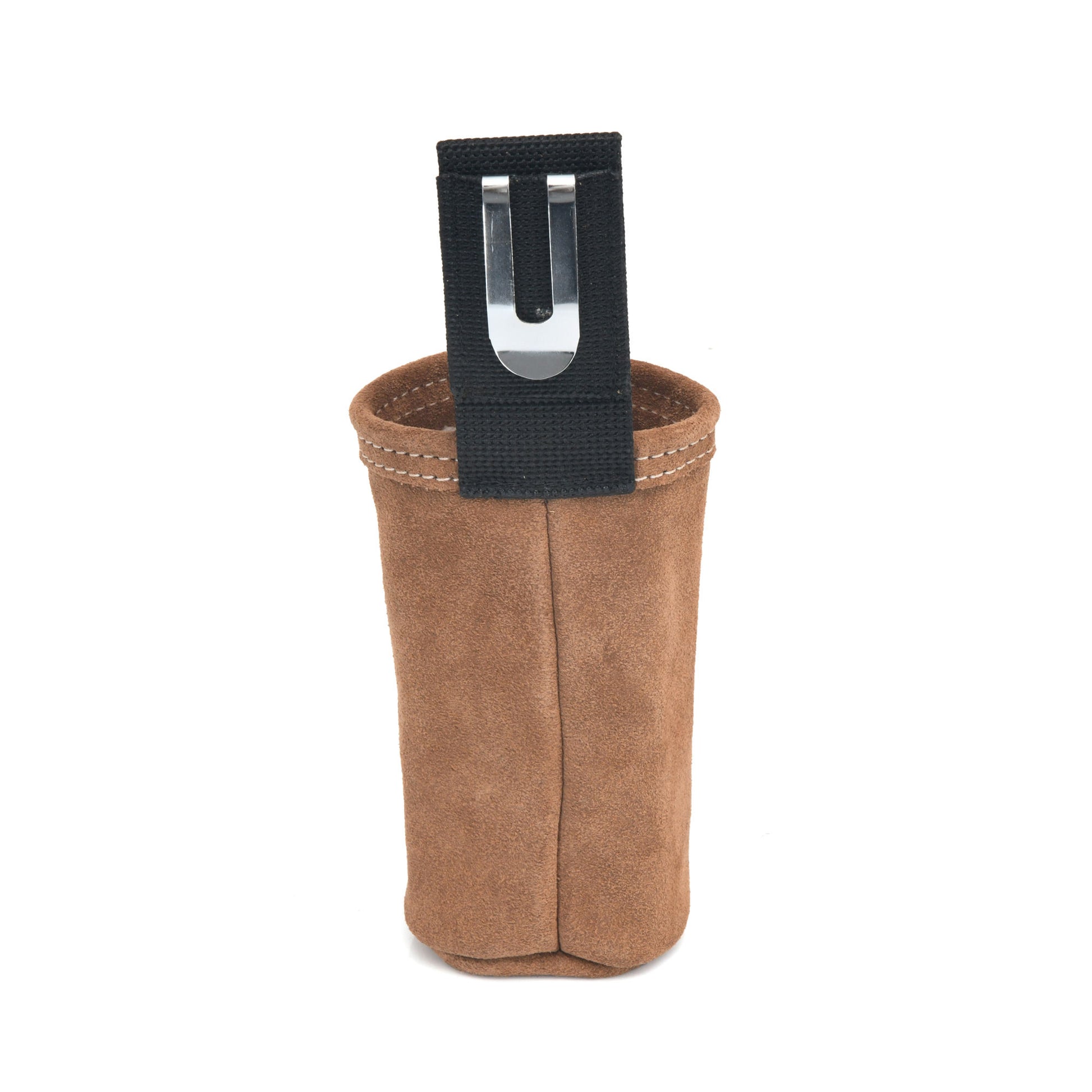 Style n Craft 88022 - Spray Paint Can Holder in Heavy Duty Suede Leather in Dark Tan Color - Back View Showing the Metal Tape Clip