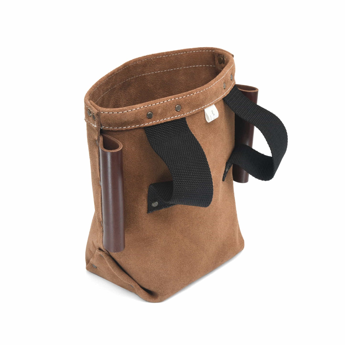 Style n Craft 88515 - Iron Worker's Bolt Bag in Heavy Duty Suede Leather in Dark Tan Color with Double Bull Pin Full Grain Leather Loops - Back Angled View
