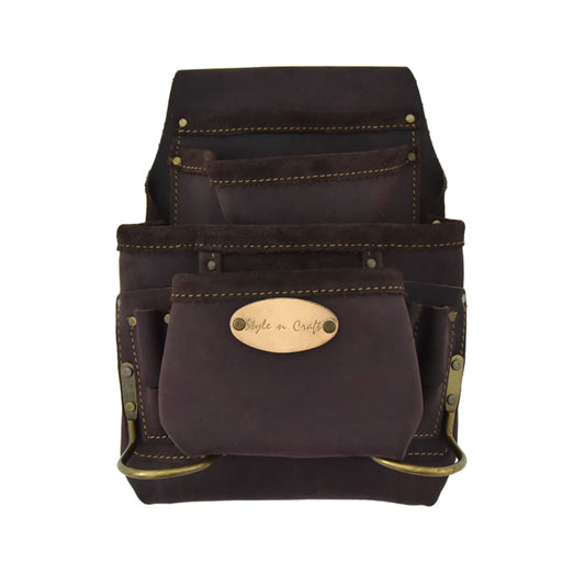 Style n Craft 90923 - 10 Pocket Carpenter's Nail and Tool Pouch in Dark Brown Oiled Full Grain Leather - front view showing the main pouch, the front pocket, 2 smaller pockets above the front pocket, pencil pockets and 2 metal hammer holders and the 2 hammer holders