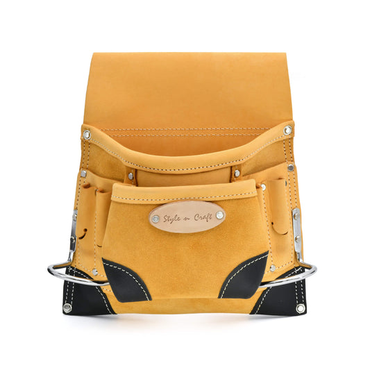 Style n Craft's 93823 - 8 Pocket Carpenter's Nail & Tool Pouch in Yellow Full Grain Leather with Reinforced Corners - Front View