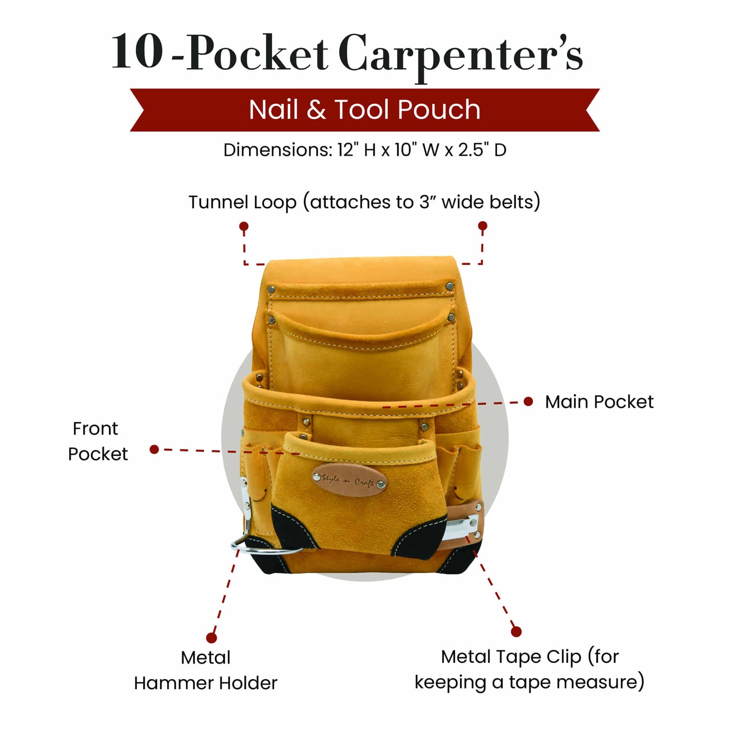 Style n Craft 93924 - 10 Pocket Carpenter's Nail & Tool Pouch in Yellow Top Grain Leather with Reinforced Black Leather Corners, Hammer Holder & Tape Clip - Front View Showing Details