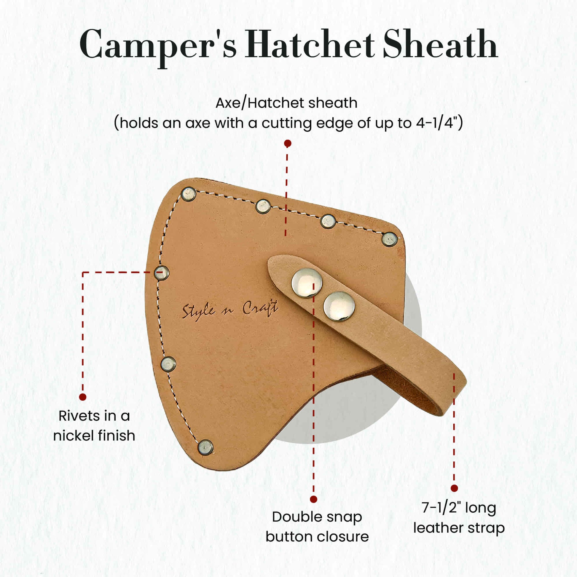 Style n Craft 94027 - Camper's Axe Sheath / Axe Cover in Heavy Top Grain Leather in Natural Color - Front View Showing Details