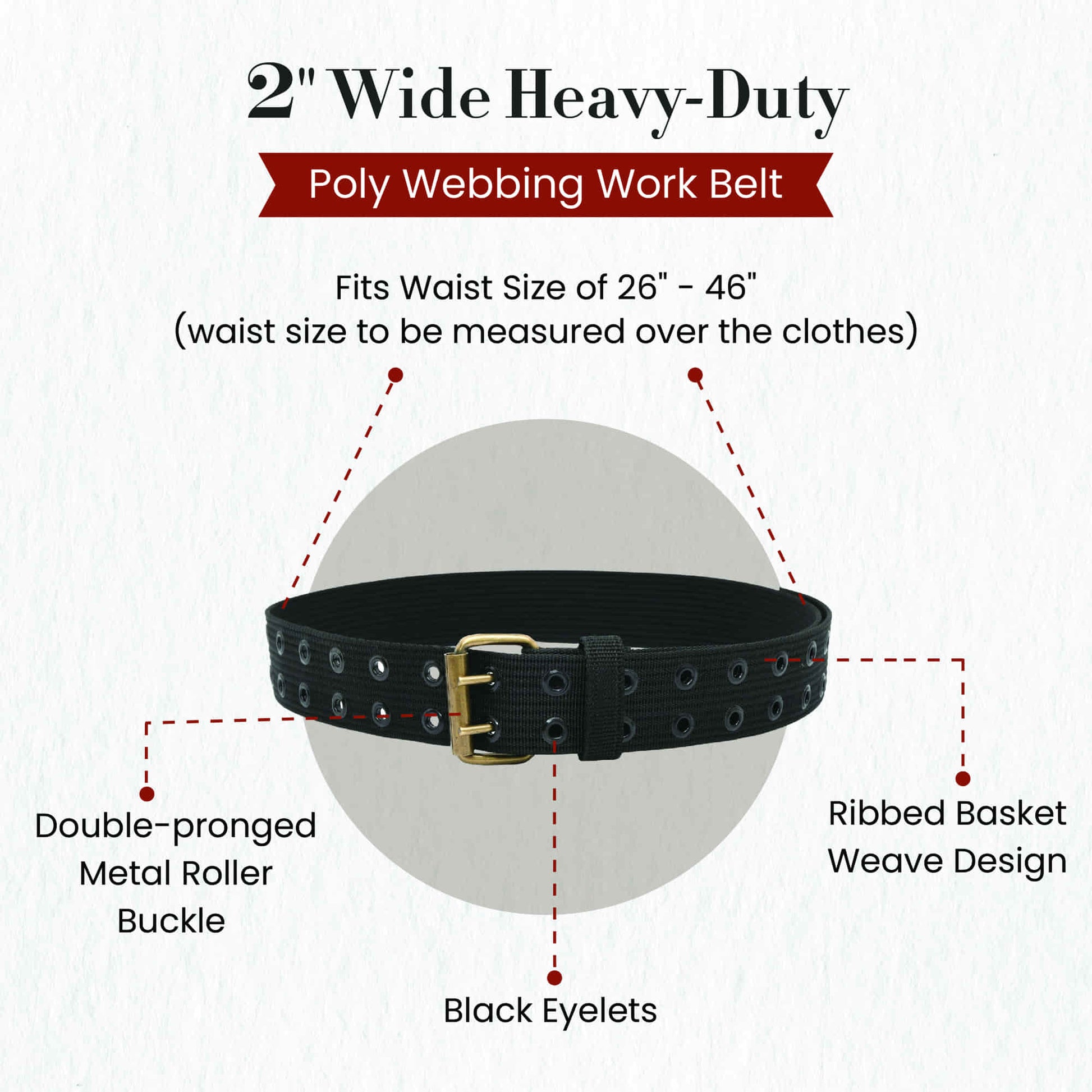 Style n Craft 95012 - 2" Wide Heavy Duty Black Polyweb Work Belt with Antique Finish Double Prong Metal Roller Buckle and Metal Eyelets - Front View Showing the Details