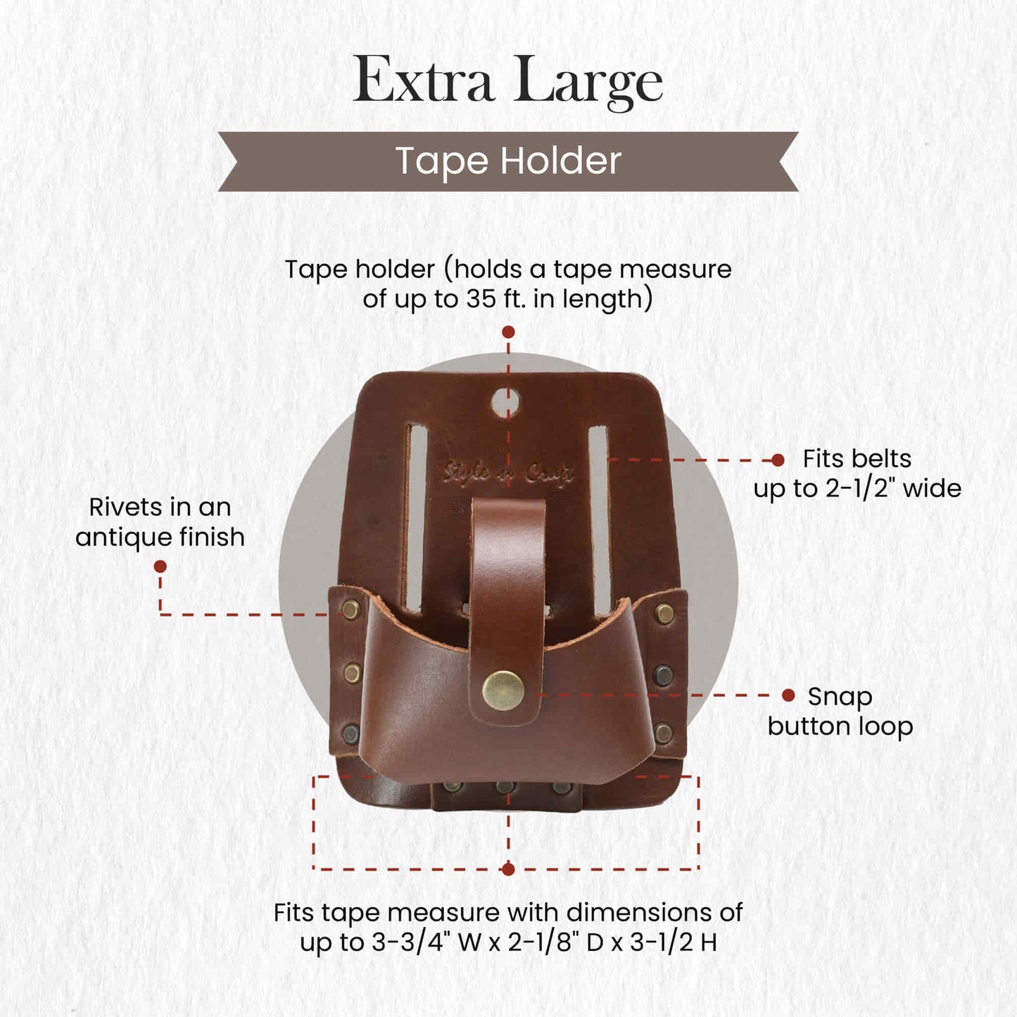 Style n Craft 98014 - Extra Large Tape Holder in Heavy Top Grain Leather in Dark Tan Color - Front View Showing the Details