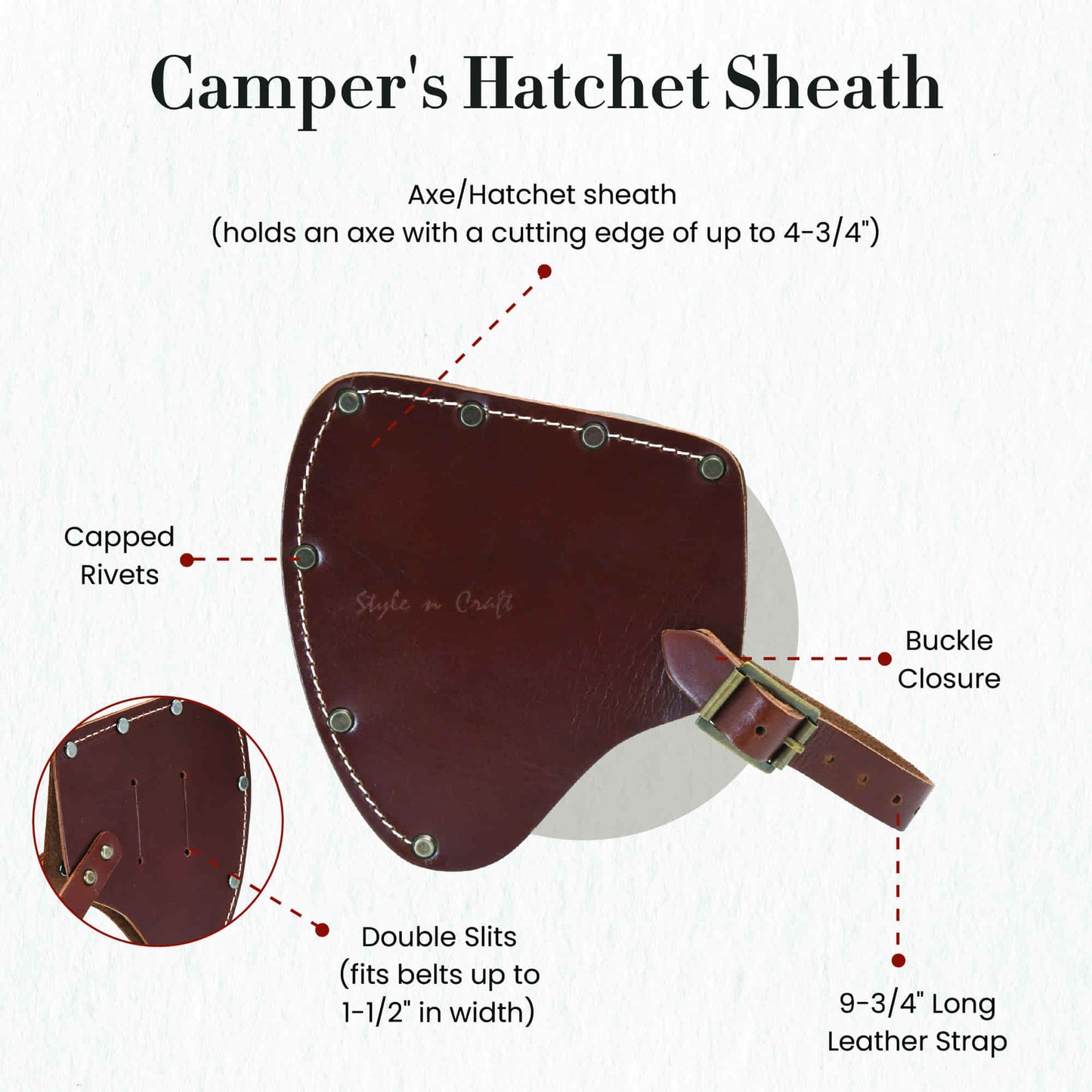 Style n Craft 98027 - Camper's Axe Sheath / Cover in Heavy Full Grain Leather in Dark Tan Color with a Strap and Buckle Closure - Front & Back Views Showing the Details