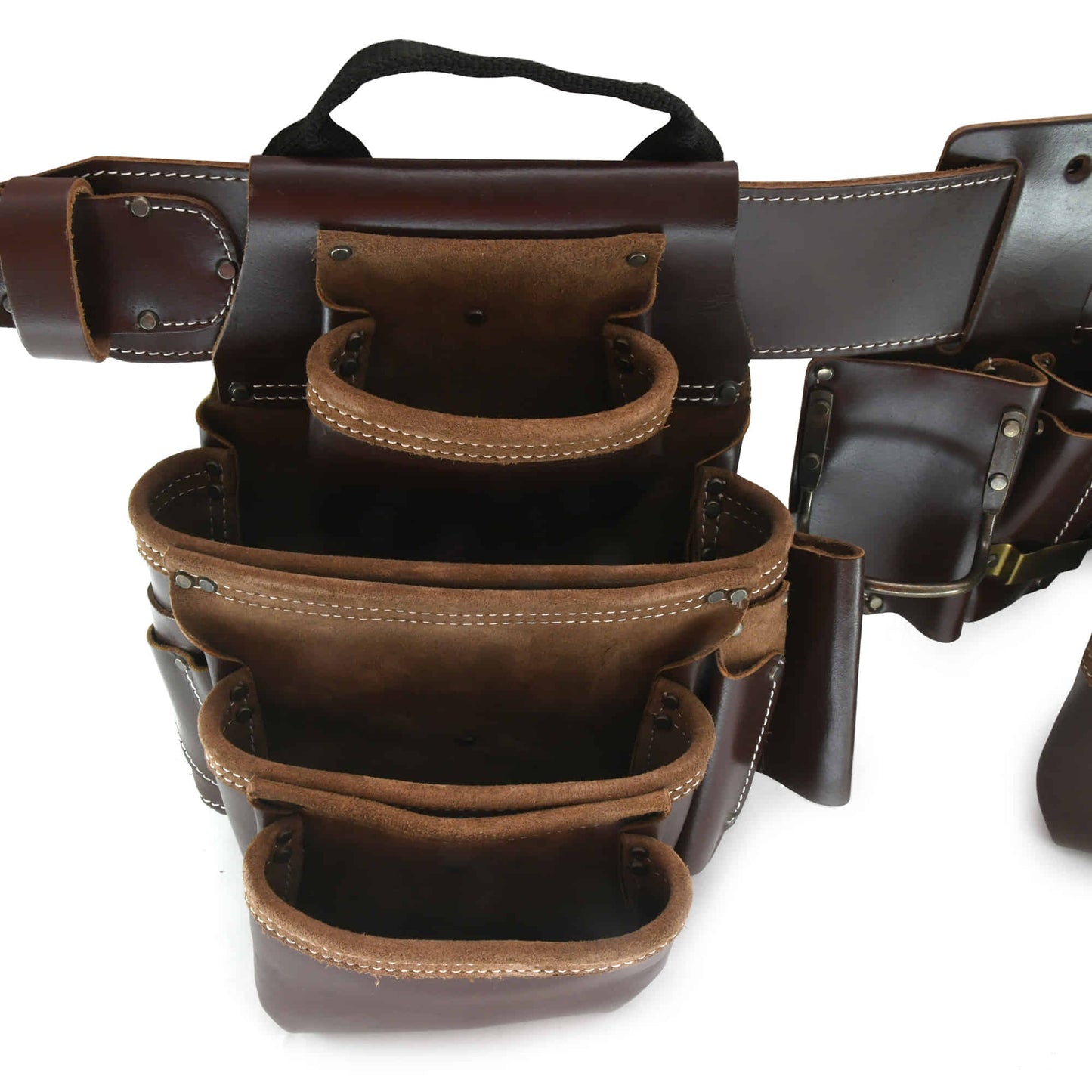 Style n Craft's 98464 - Left Side Pouch of the 4 Piece 22 Pocket Pro Framer's Combo in Full Grain Leather in Dark Tan Color showing all the pockets