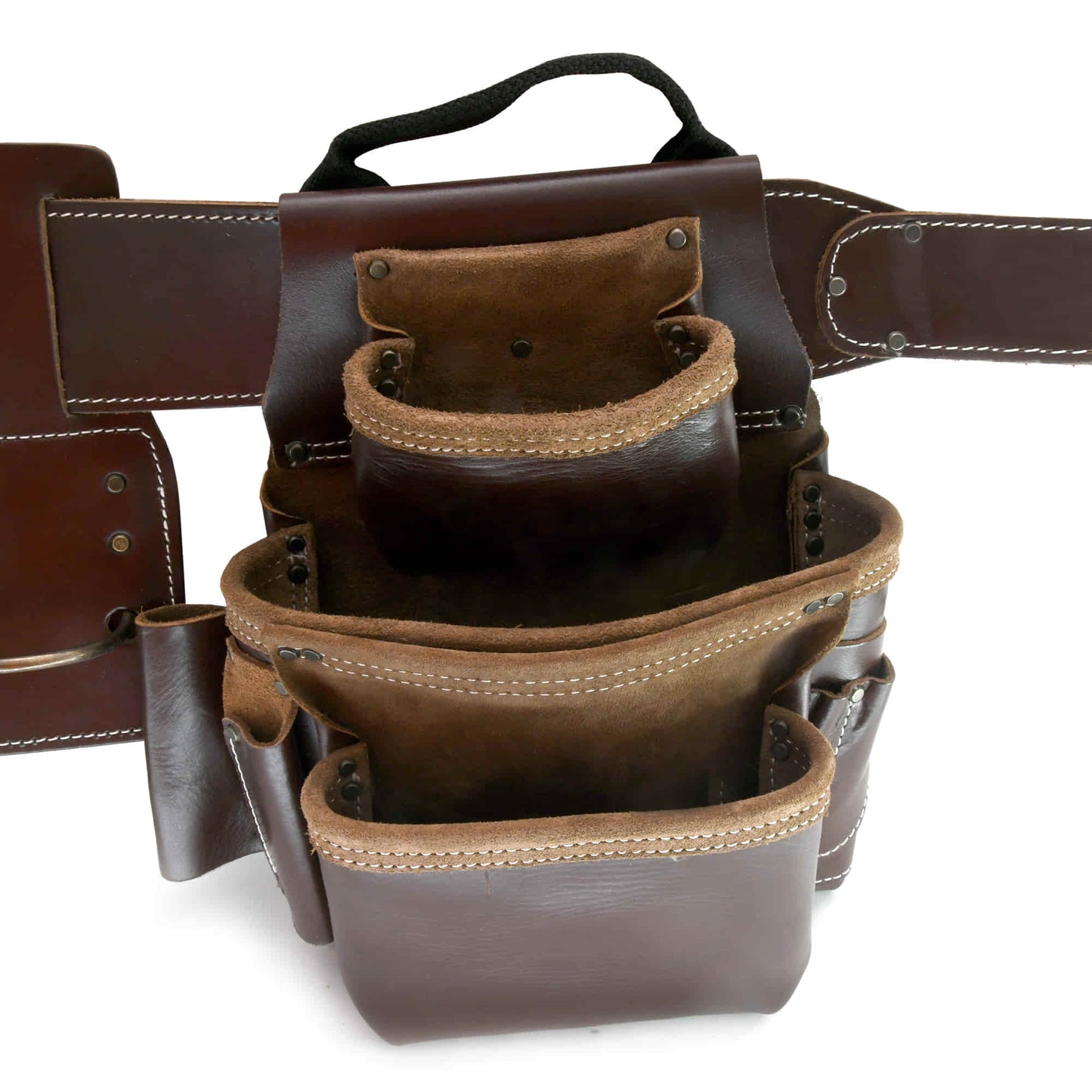 Style n Craft's 98534L - Right Side Pouch of the 4 Piece 17 Pocket Pro Framer’s Combo in Dark Tan Color Top Grain Leather for Left Handed Workers showing all the Pockets