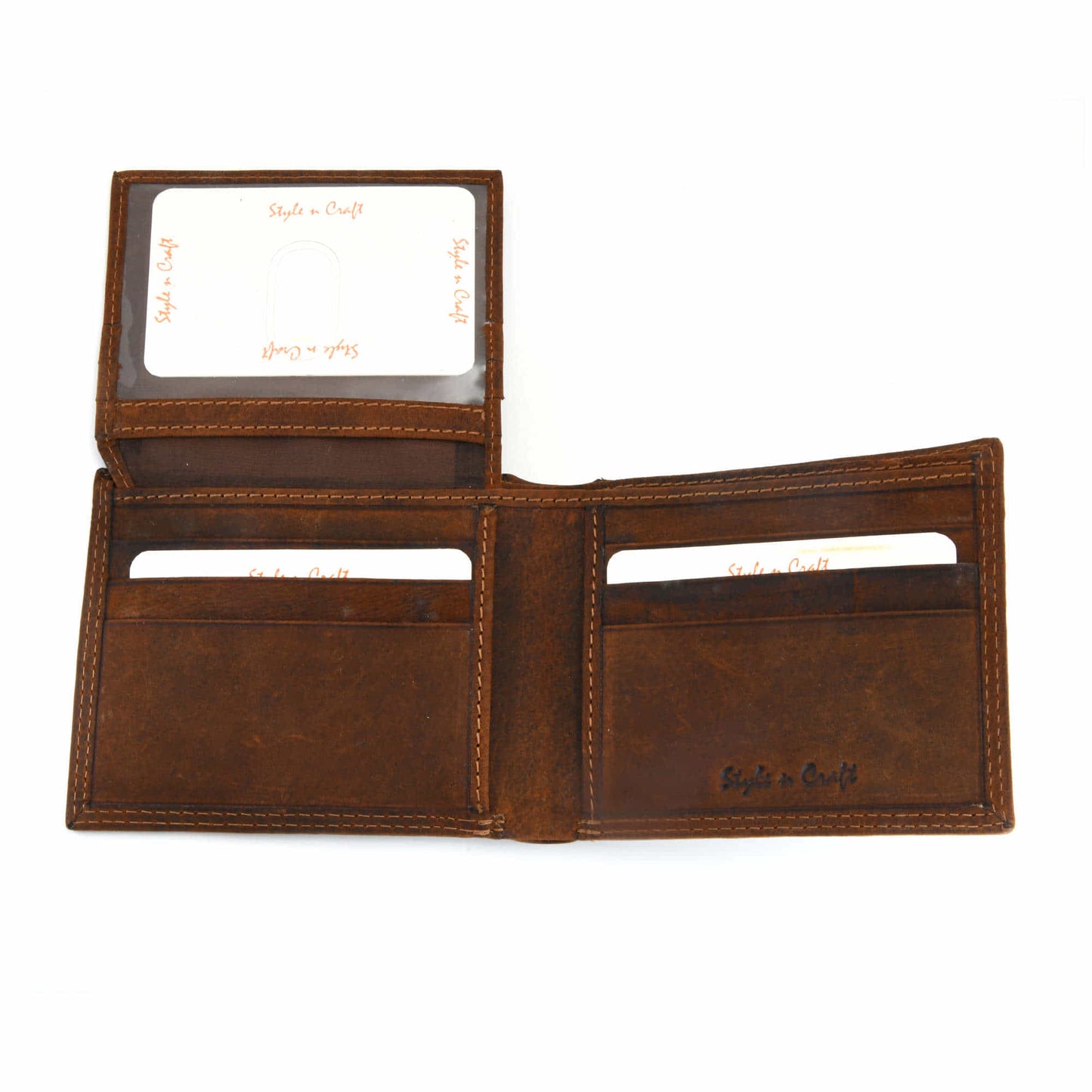 Style n Craft 300796-BR Bi-Fold PassCase Wallet with Flap in Full Grain Vintage Look Leather - brown color - inside open flap view showing credit card pockets
