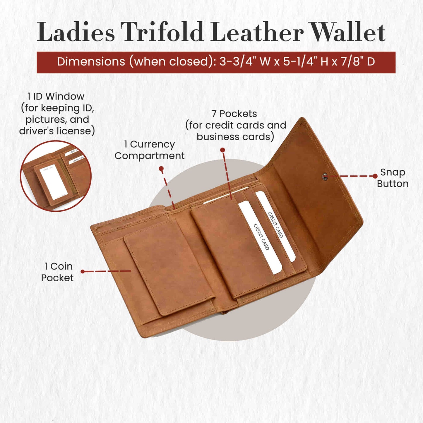 Style n Craft 300799-CG Ladies Trifold Leather Wallet with Snap Button Closure - Cognac Color - Open Angled View - Showing the Details