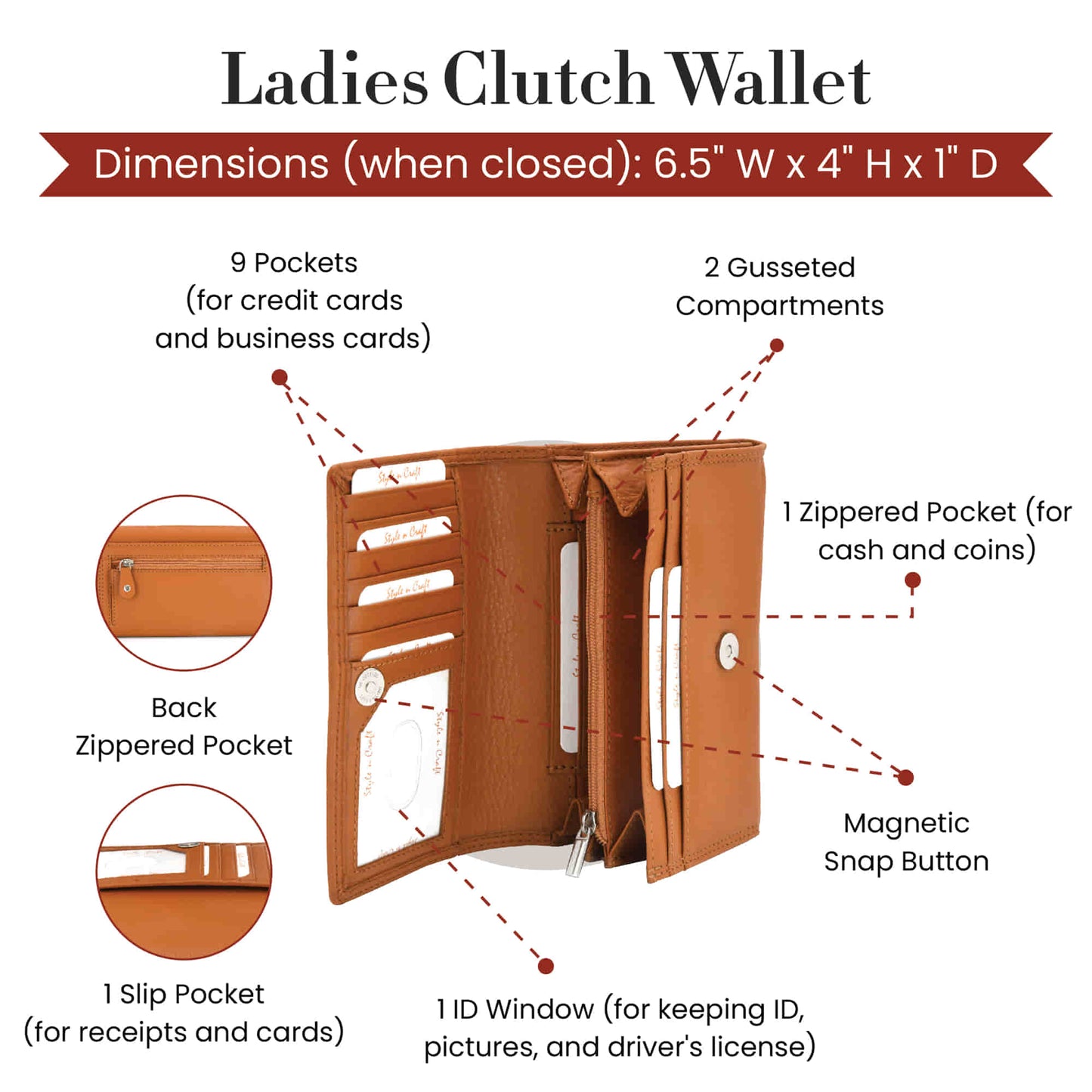 Style n Craft 300953-CG Ladies Clutch Wallet in Leather in Tan Color with RFID Protection - Open View Showing the Details