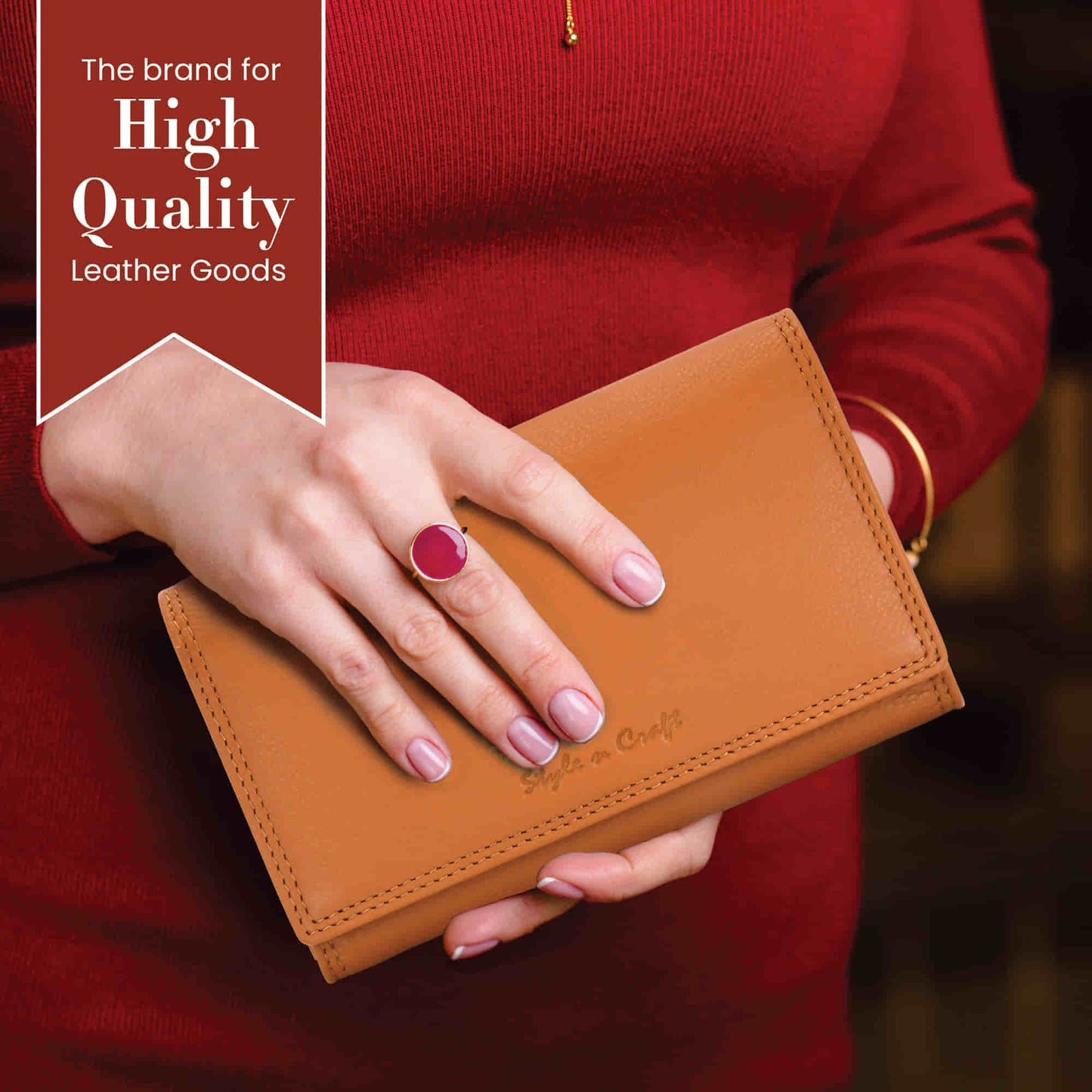 Style n Craft 300953-CG Ladies Clutch Wallet in Leather in Tan Color with RFID Protection - Wallet in Use - Lifestyle Image