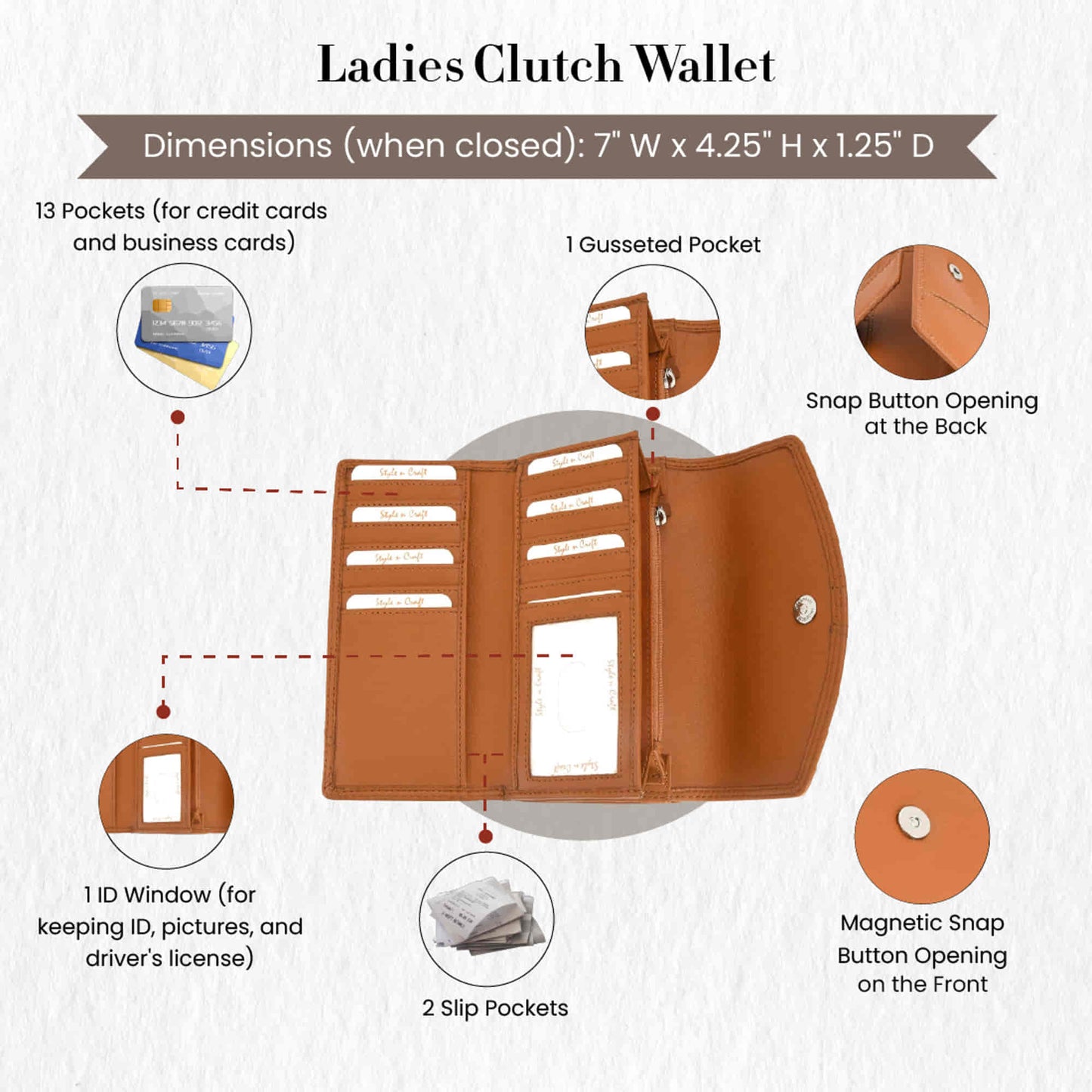 Style n Craft 300954-CG Clutch Wallet for Ladies in Cow Leather - Tan Color - Front Open Inside View Showing the Details