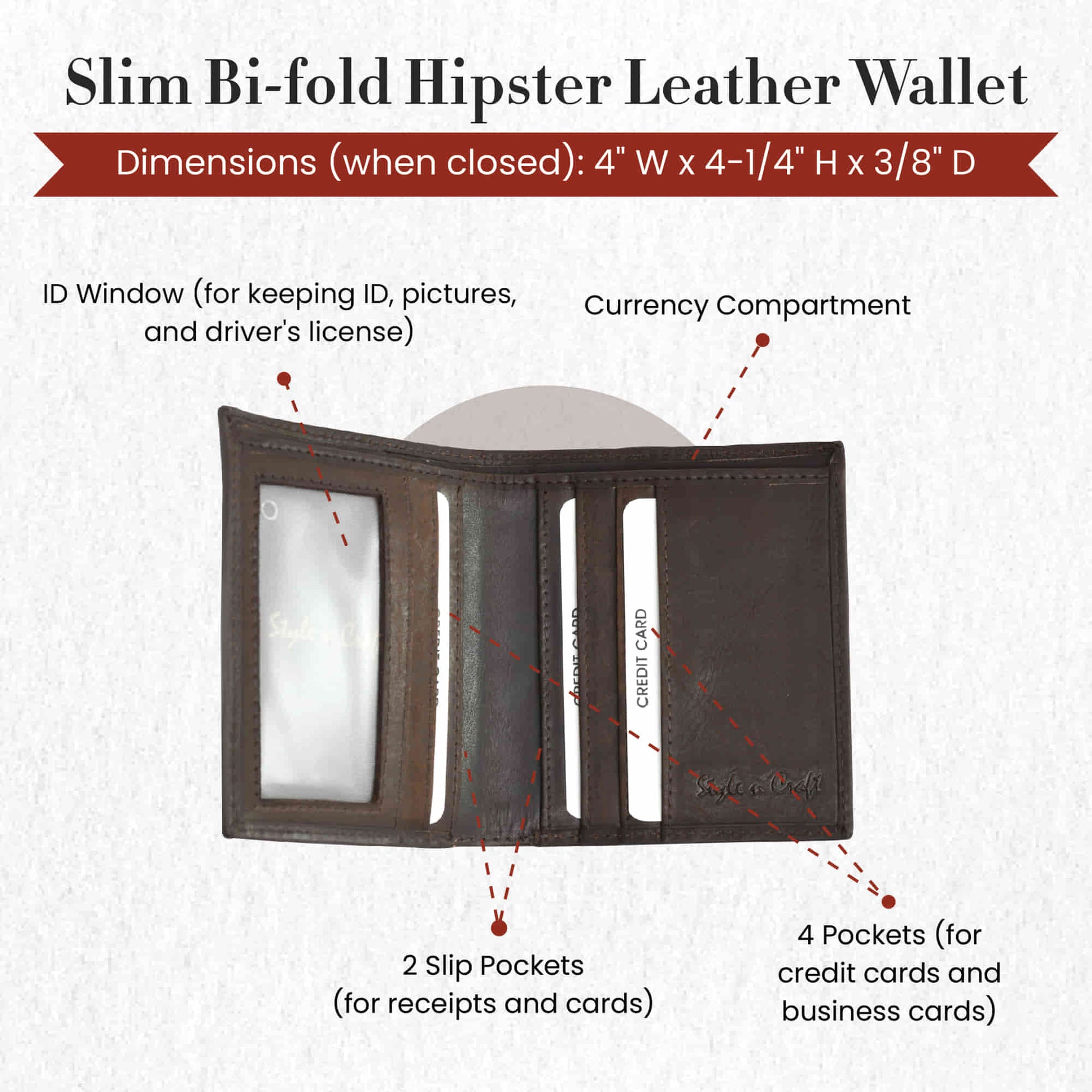 Style n Craft 391002 Slim Bifold Hipster Leather Wallet in Dark Brown Color - Open View Showing the Details