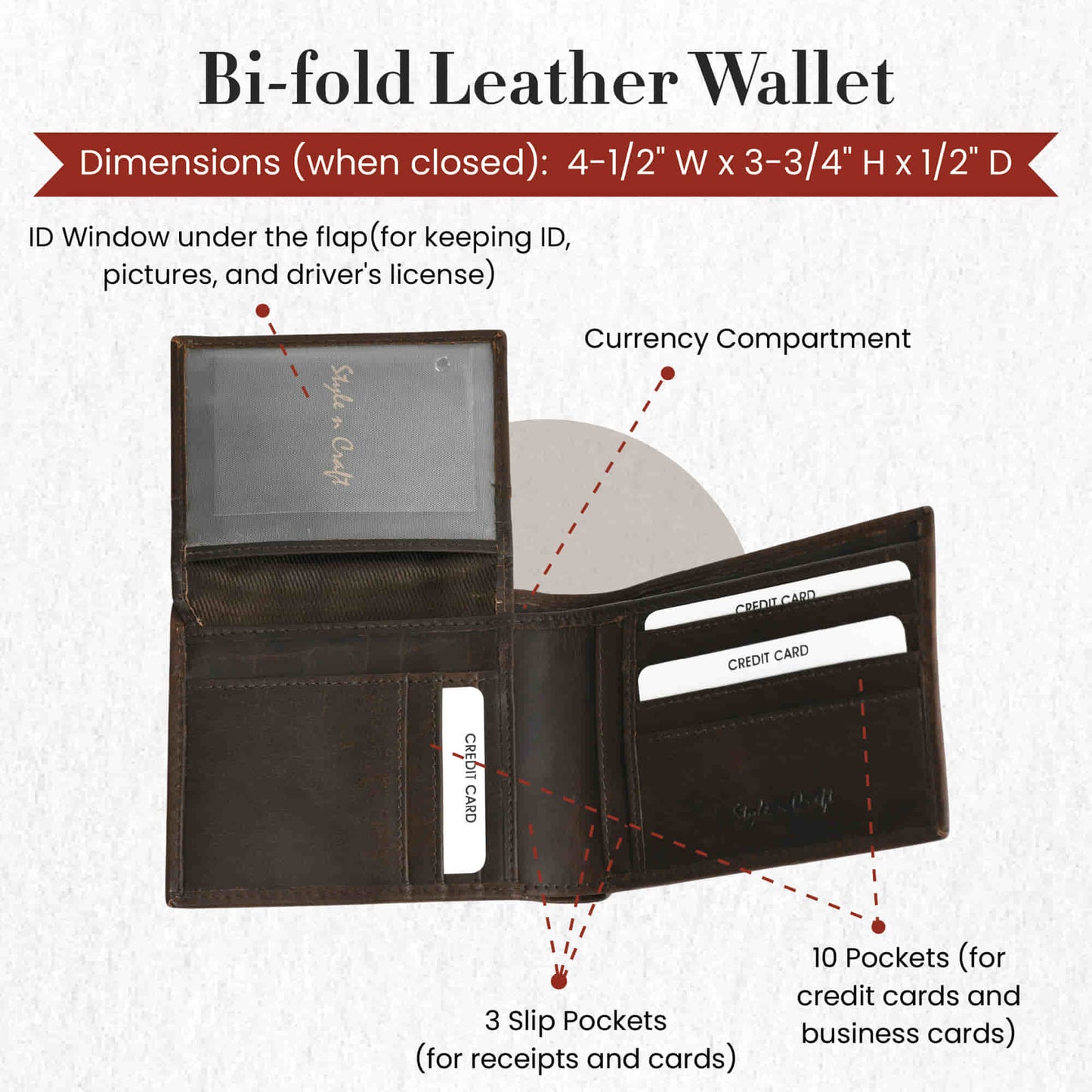 Style n Craft 391004 Bi-Fold PassCase Wallet with Flap in Dark Brown Top Grain Leather - Open View Showing the Details of All the Pockets & ID Window under Flap